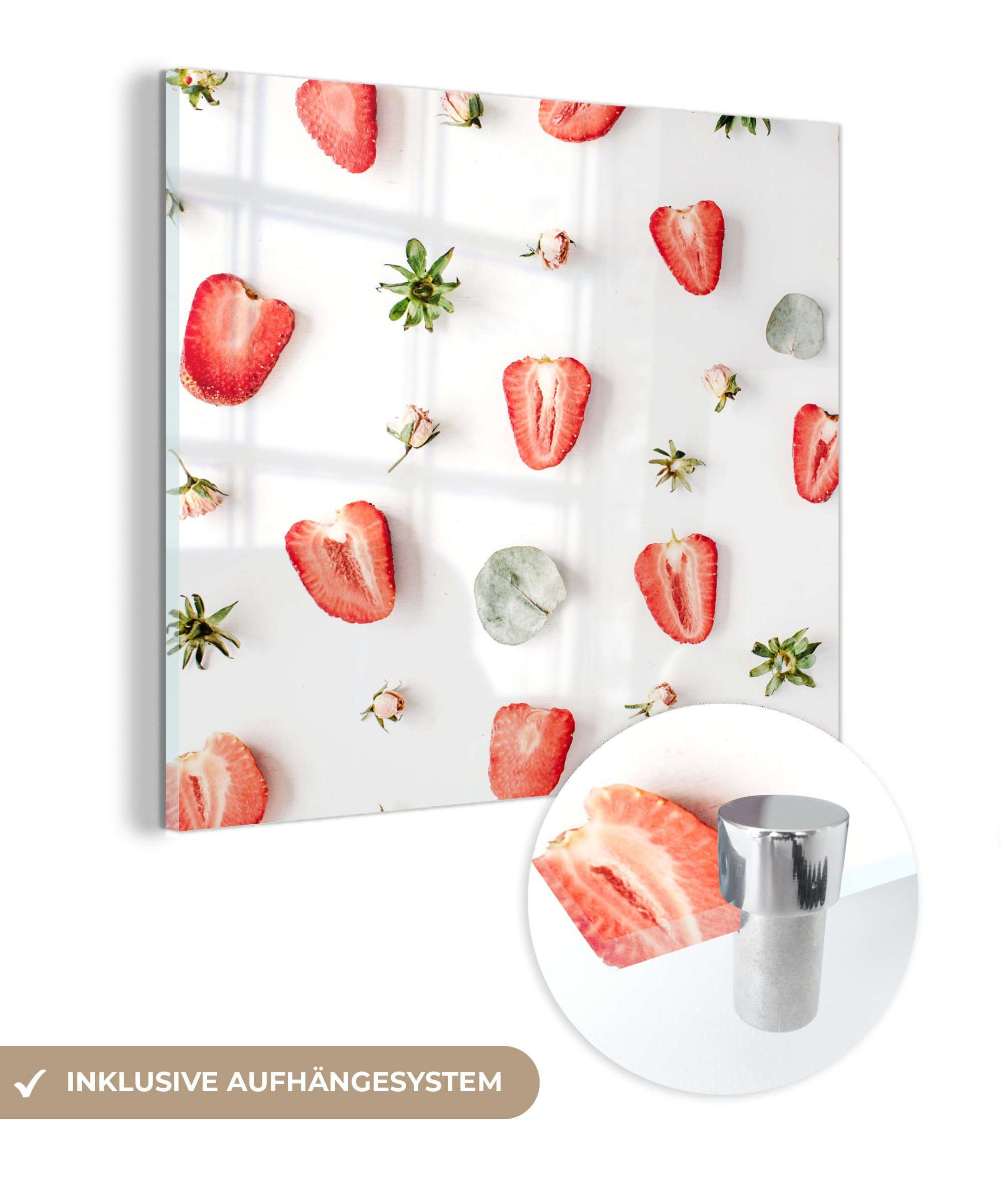 MuchoWow Acrylglasbild Sommer - Erdbeeren - Eiswürfel, (1 St), Glasbilder - Bilder auf Glas Wandbild - Foto auf Glas - Wanddekoration
