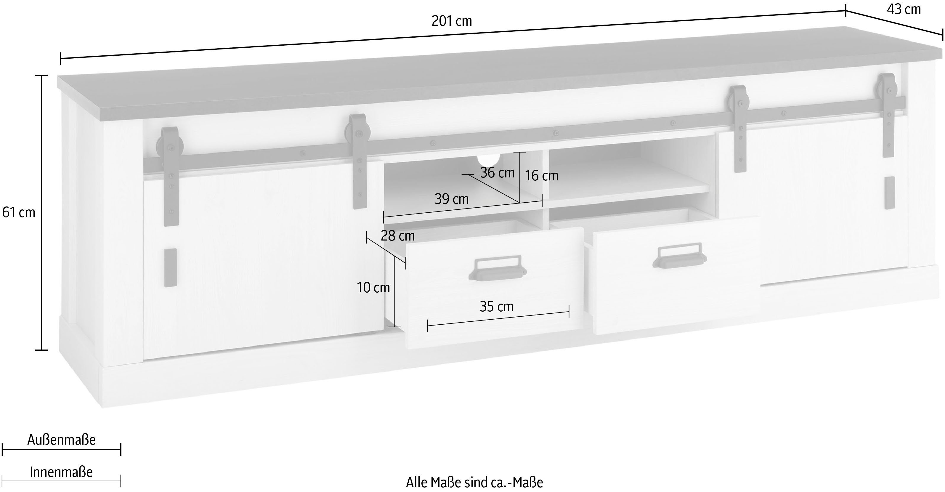 Home affaire Lowboard SHERWOOD, modernes Holz Dekor, mit Scheunentorbeschlag aus Metall, Breite 201 cm