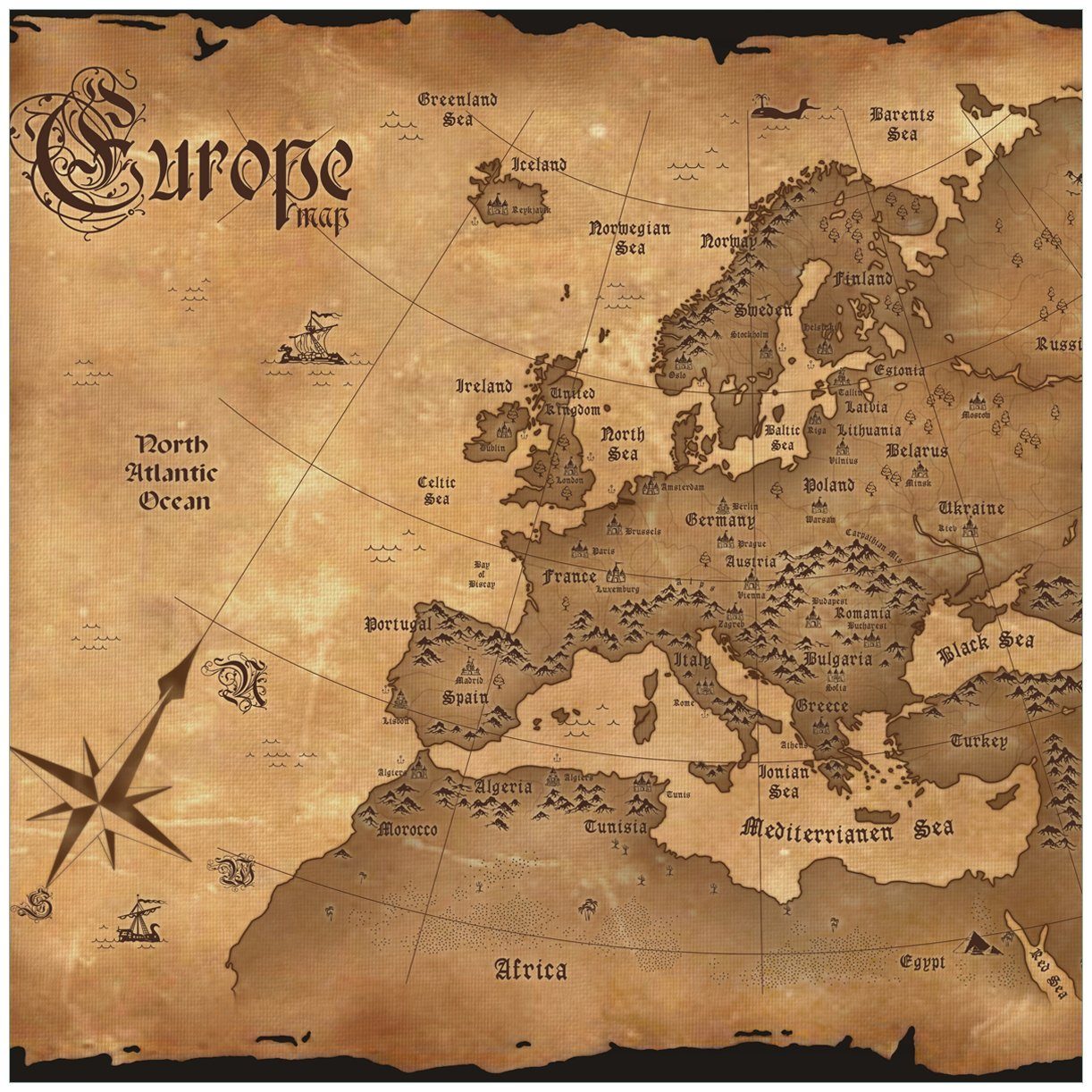 Wallario Tischplatte Alte Weltkarte Karte von Europa in englisch (1 St), für Ikea Lack Tisch geeignet