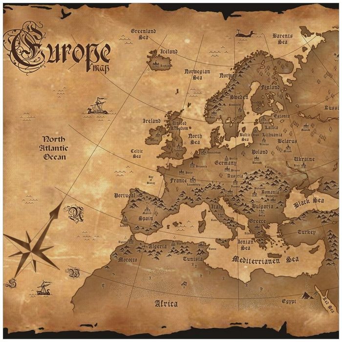 Wallario Tischplatte Alte Weltkarte Karte von Europa in englisch (1 St) für Ikea Lack Tisch geeignet