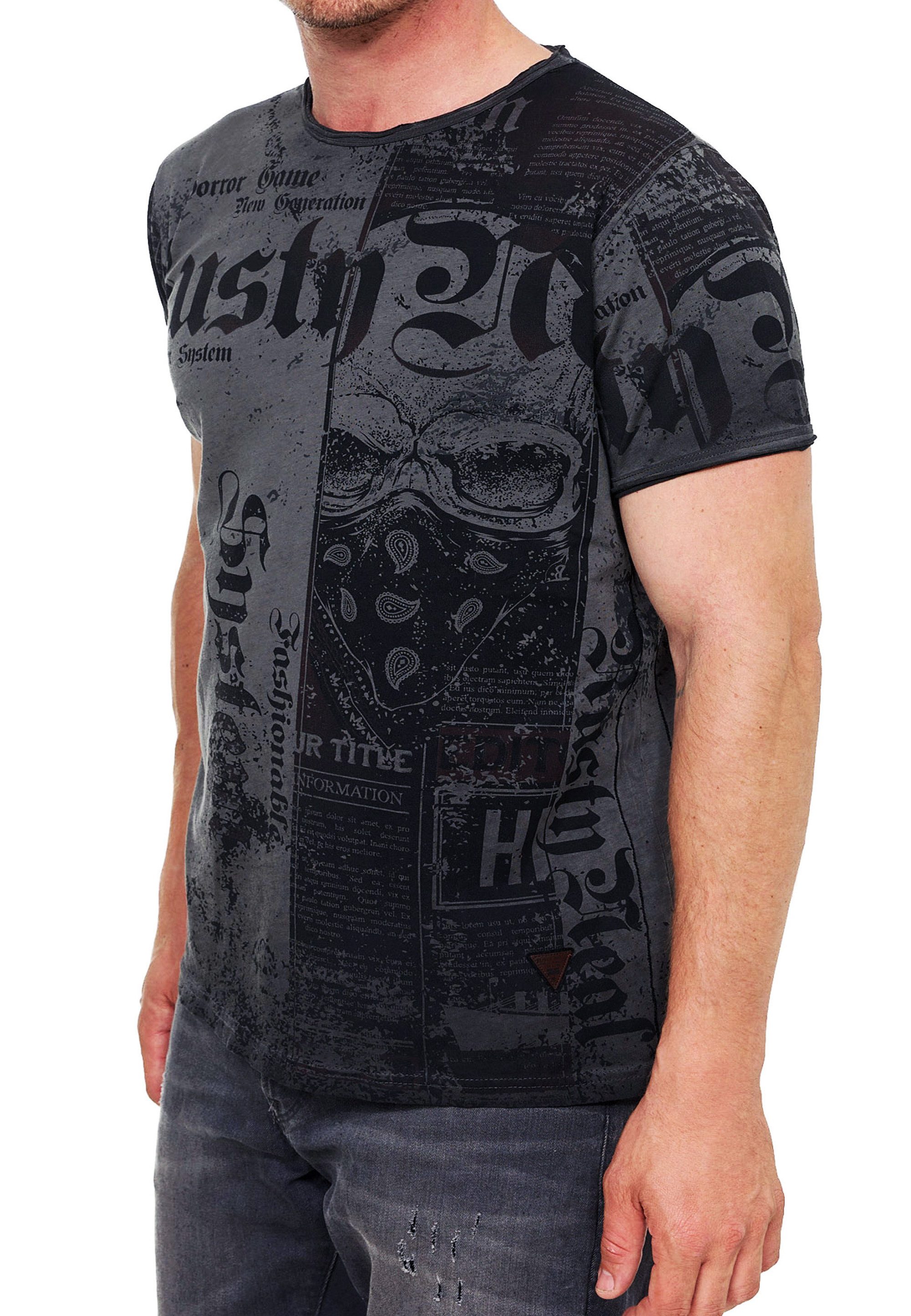R-NEAL T-Shirt Streetwear Rocker T-Shirt mit Absoluten Blickfang All Over Skull Print