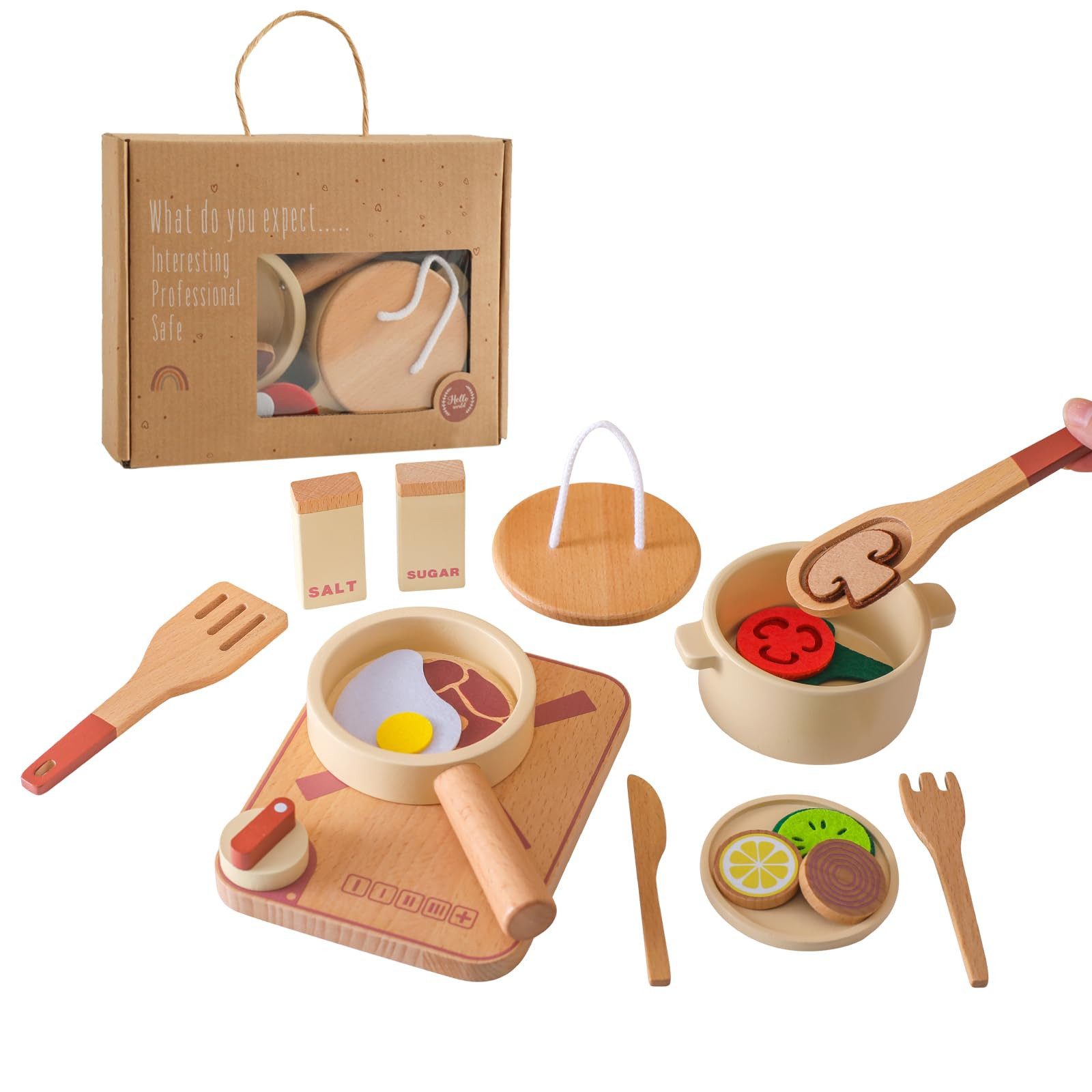 Silberstern Kinder-Küchenset Topfset und Geschirr für Spielküche, Kinderküche Zubehör aus Holz, (Früherziehung, Lernspielzeug, Mini-Küchengeschirr aus Holz), Küchenutensilien Pfanne Holzspielzeug-Set, Kochset für Rollenspiele