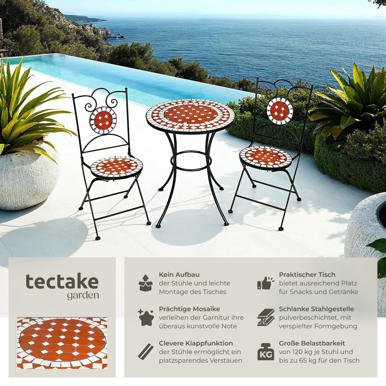 tectake Essgruppe Mosaik-Gartengarnitur, (Set., 3-tlg), Keramik-Mosaiktisch günstig online kaufen