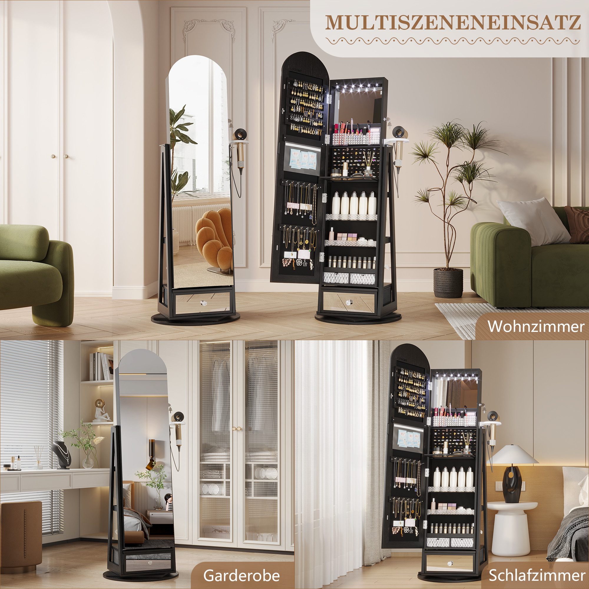 LVSOMT Schmuckschrank 360° Drehbar, LED Bogen Schmuckschrank mit Spiegel, 163x37cm Stehender Holzschrank mit 3-stufigem Regal