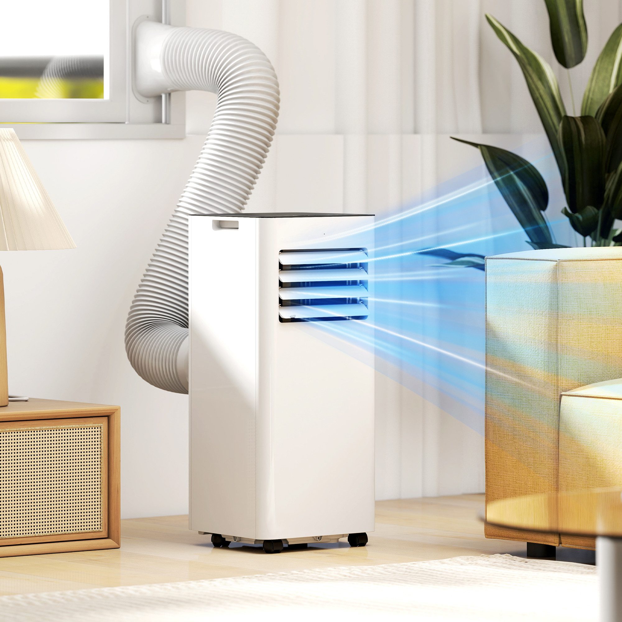 HOMCOM Mobile Klimaanlage mit Kühlung, Luftentfeuchter, Ventilator, mit 2 Geschwindigkeiten, Timer, Fernbedienung, Kindersicherung, Weiß