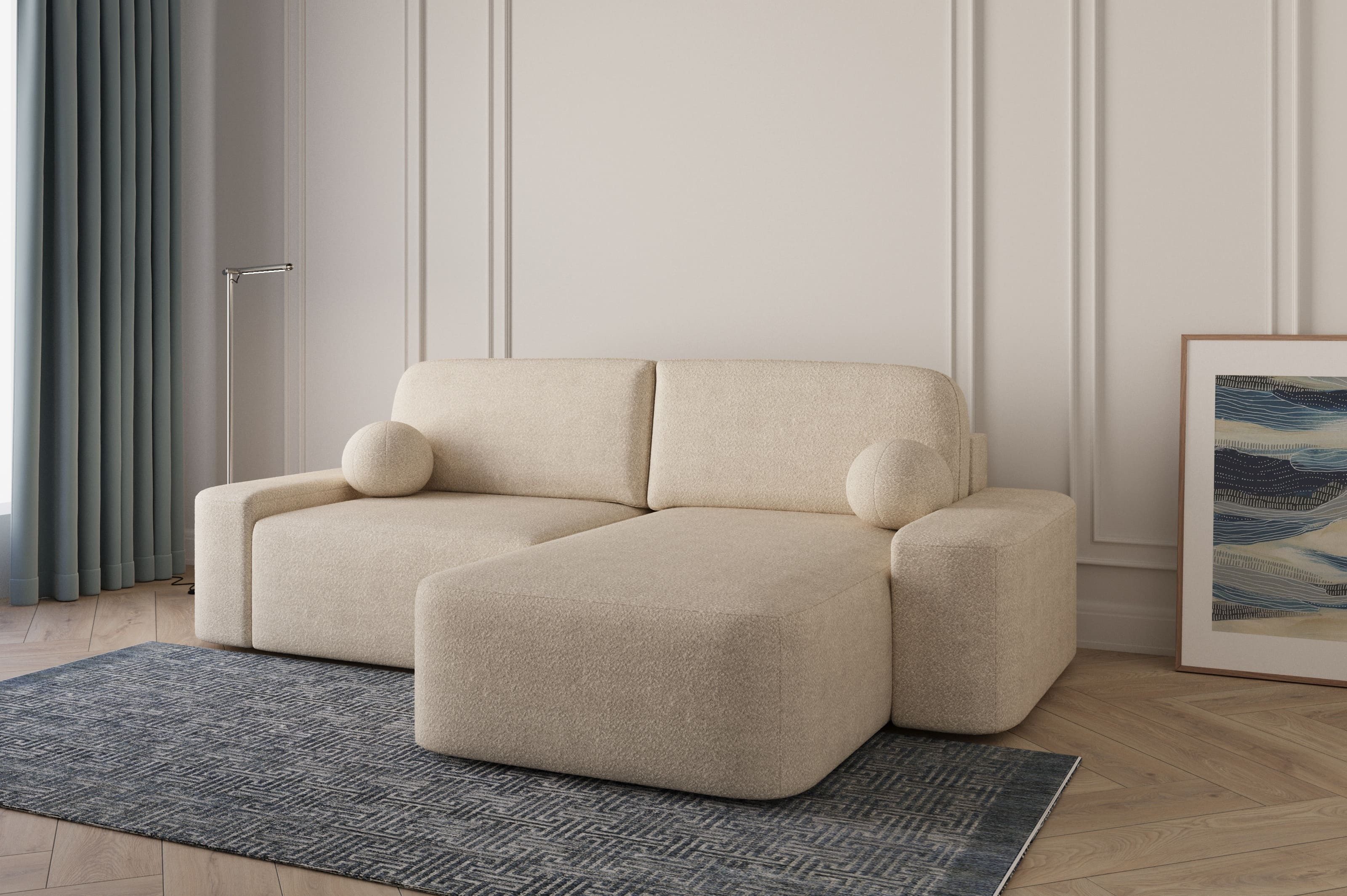MOEBLO Ecksofa Lisbon aus Bouclé, Ottomane beidseitig montierbar Couch für Wohnzimmer Schlafsofa Sofagarnitur Sofa Eckcouch L-Form, mit Relaxfunktion