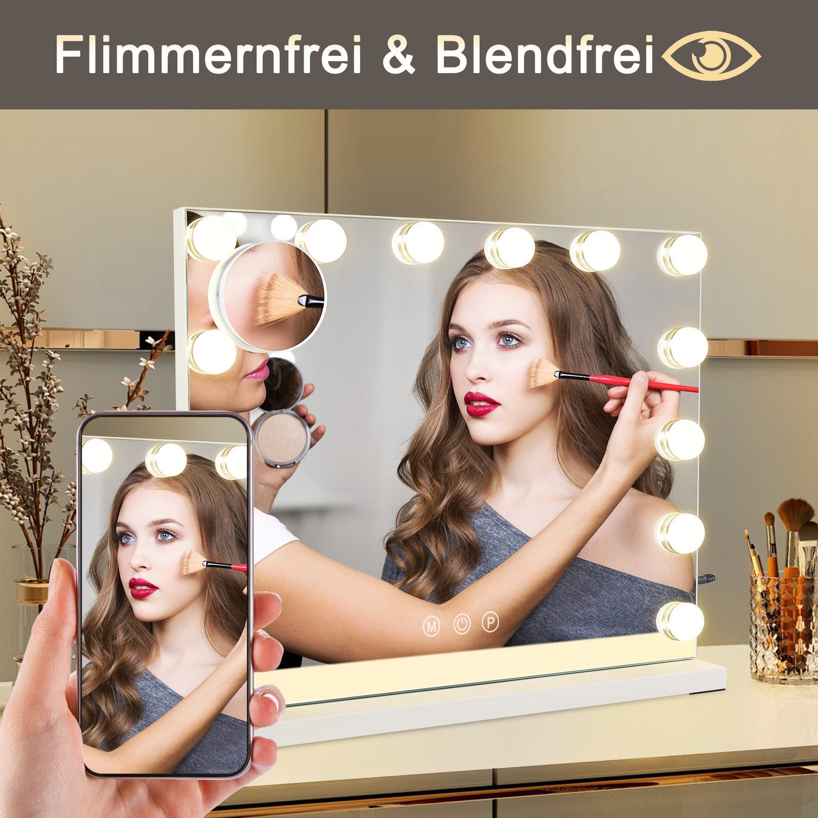 ZMH Schminkspiegel mit Beleuchtung, 3 Lichtfarben, dimmbar, Touch (Packung, 1-St., 1*Schminkspiegel mit Beleuchtung), 50 × 40 cm, 14 LED-Leuchten, USB-Anschluss – Bild 4 von 5