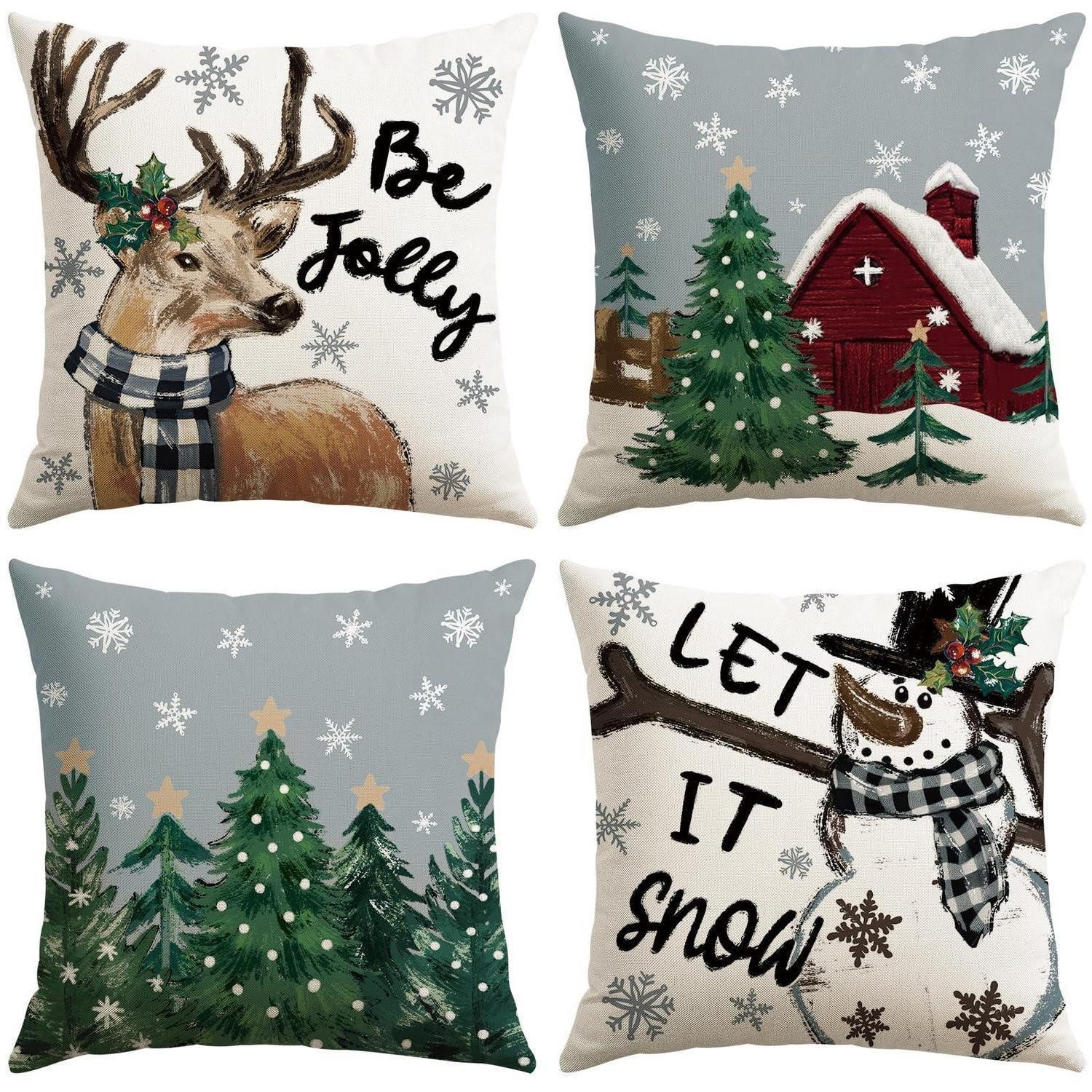 LuxusKollektion Kissenbezüge Kissenbezüge Schneemann & Elch 40x40cm Weiß Grau 4er Set, (4 Stück)
