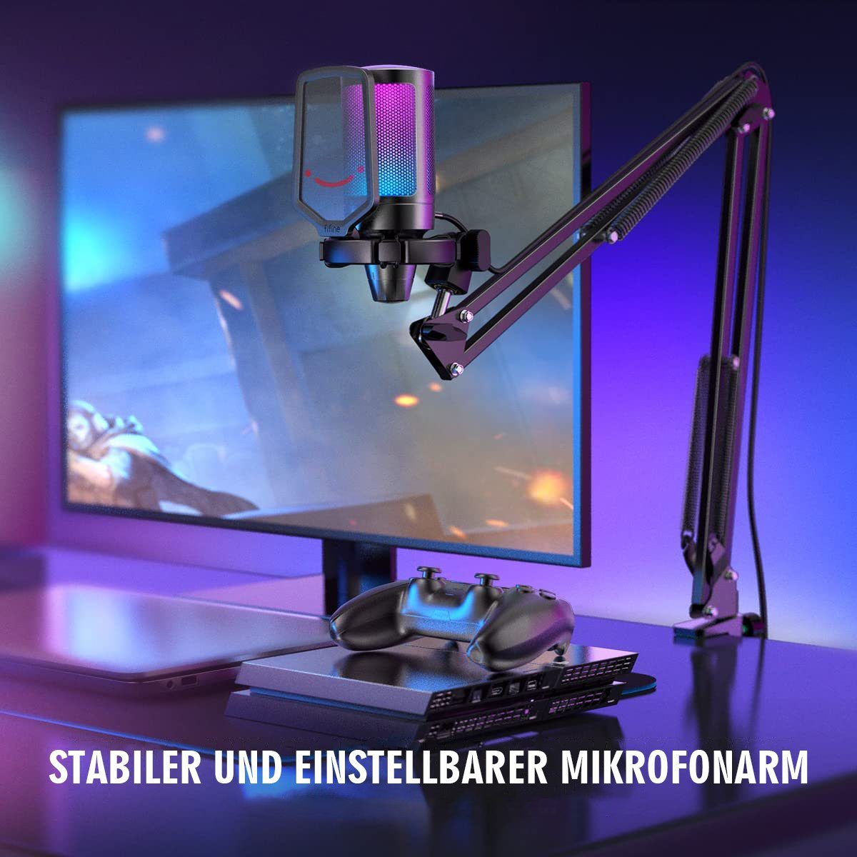 FIFINE Mikrofon USB Mikrofon Streaming mit Arm Kondensator Mikrofon Set PC Gaming RGB, Stummschalttaste, Popfilter und Stoßdämpferhalterung, Schwarz