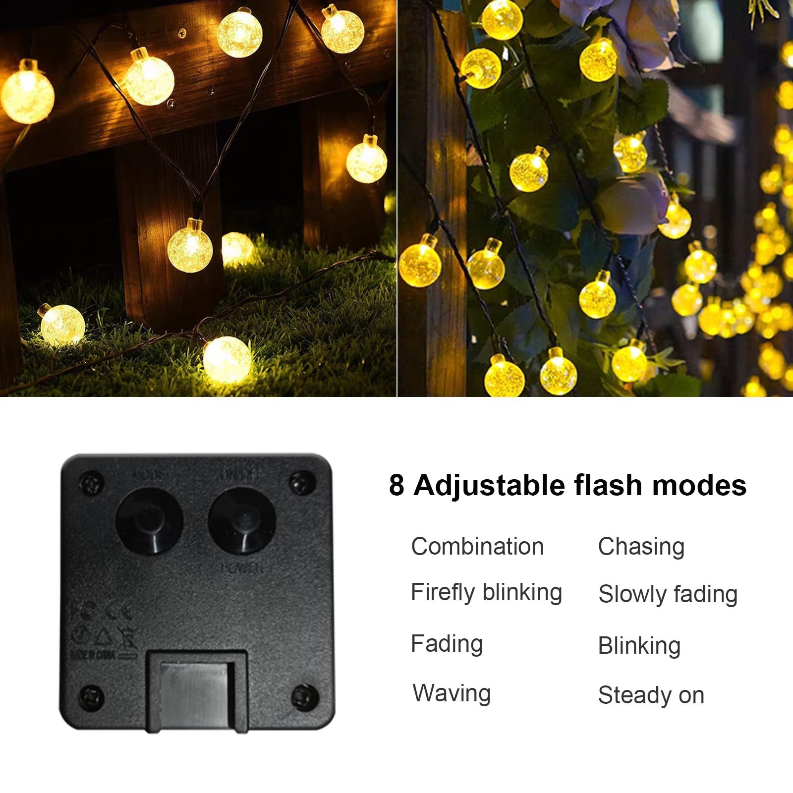 LQWELL LED Solarleuchte LED Kugeln Lichterkette Aussen Solar Gartenleuchte, Solar Kettenlicht Kristall Kugeln, LED fest integriert, Warmweiß, 15LED 5M 33FT 8 Mo – Bild 4 von 5