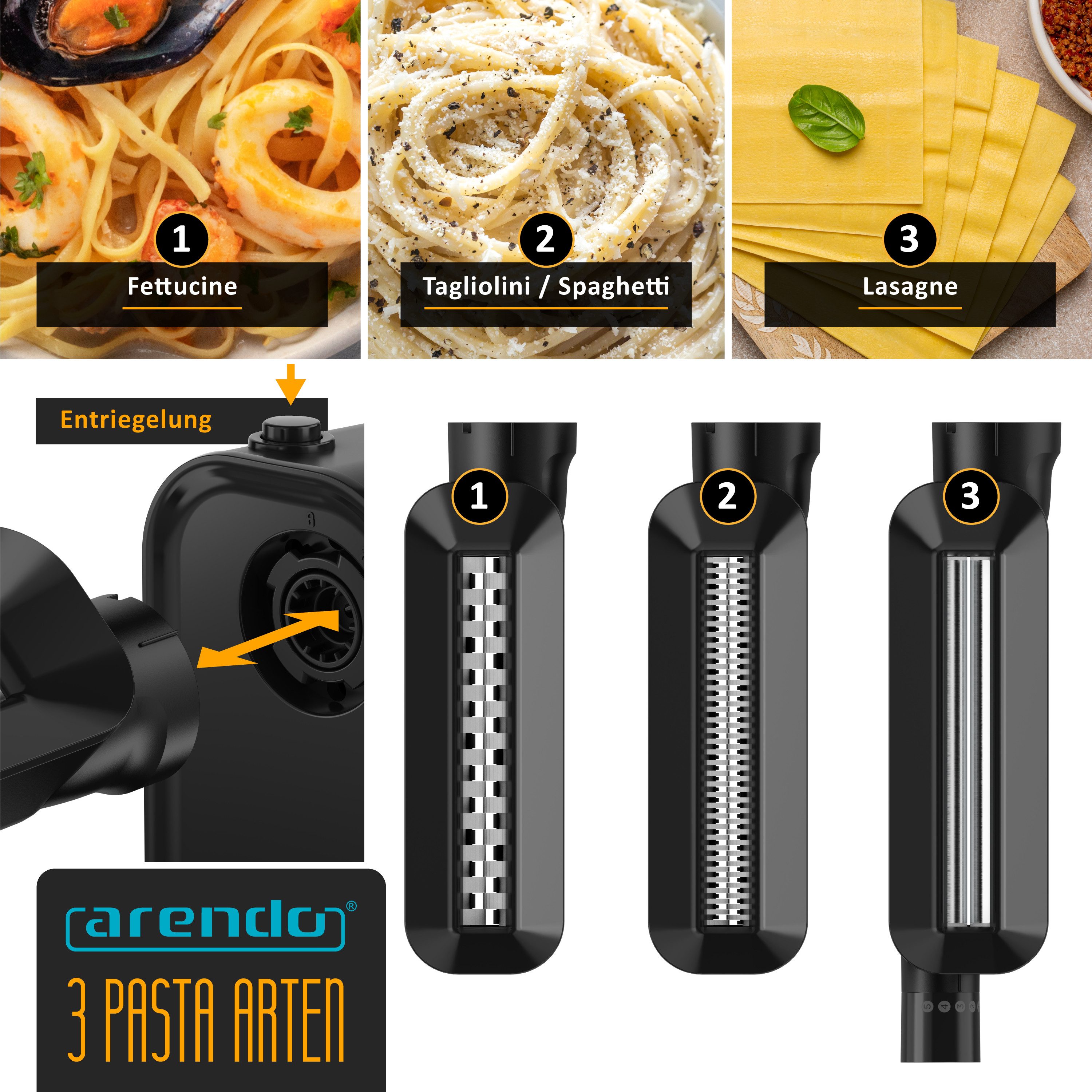 Arendo Nudelmaschine Elektrische Nudelmaschine, Pasta Maker, 5 Stärken einstellbar, 120 W, Nudelwalze und 2x Pasta-Schneideinsätze 2 mm und 6 mm, Knetmaschine