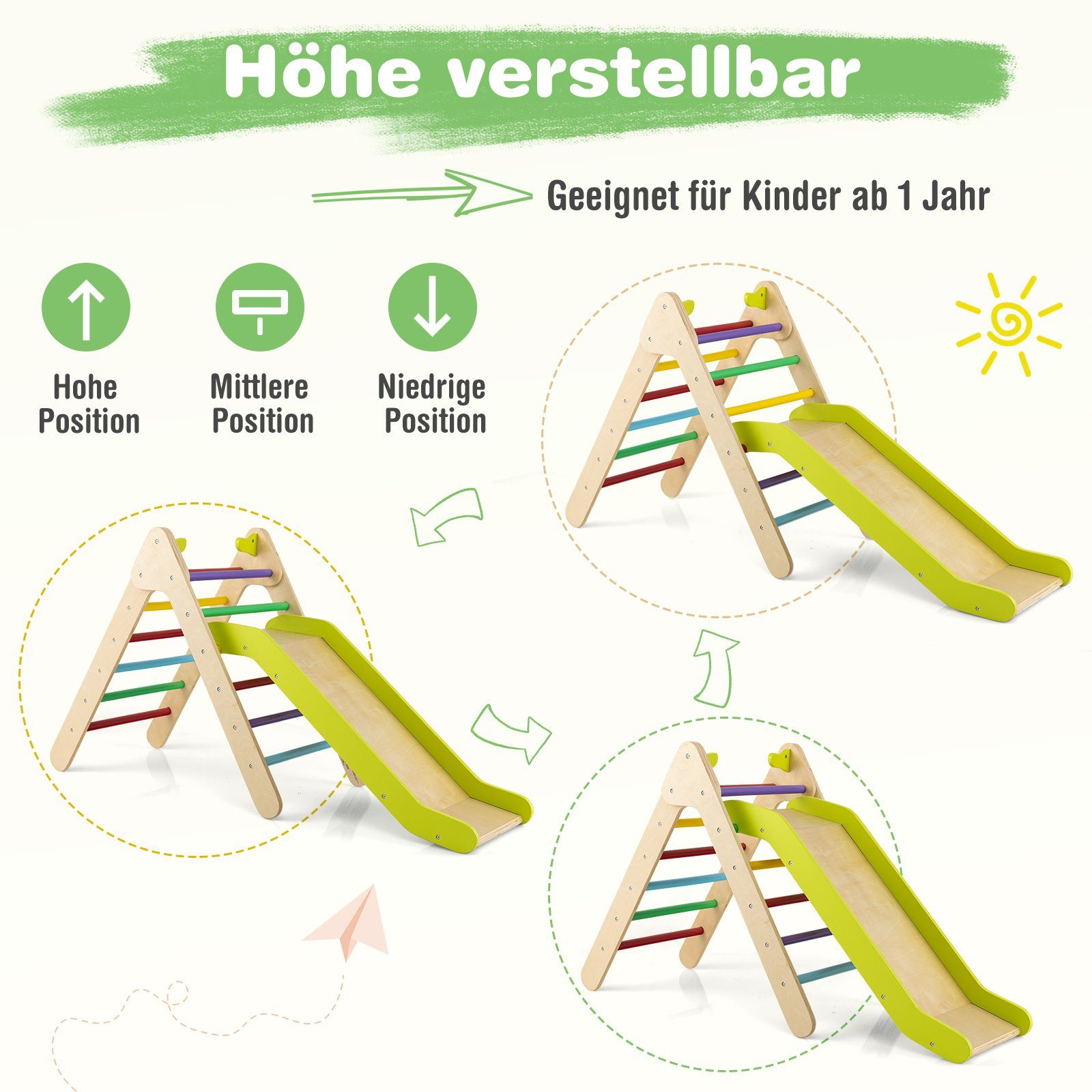 COSTWAY Klettergerüst Kletterdreieck, 2 in 1 Rutsche & Rampe