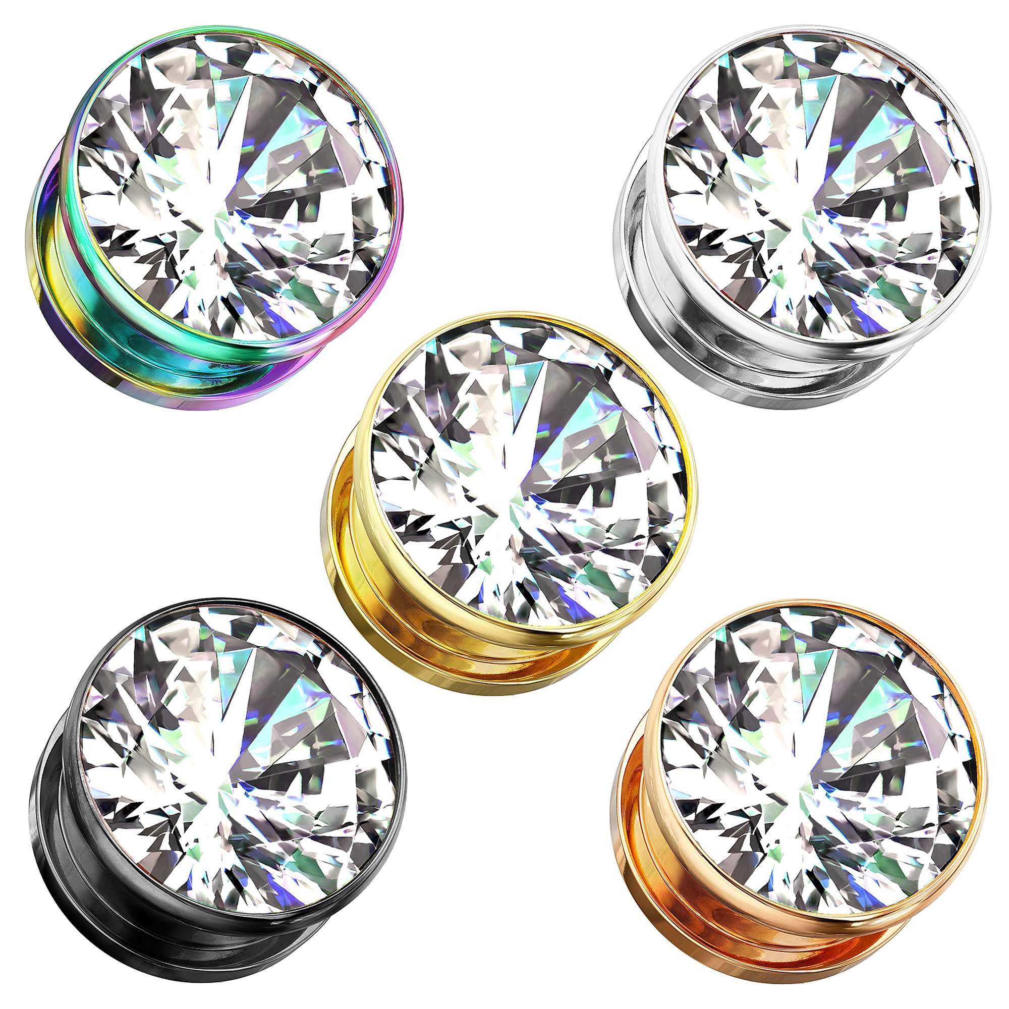 Taffstyle Plug Ohr Tunnel mit großen eingefassten klarem Zirkonia Kristall (Eleganter Ohr Plug Tunnel mit funkelndem Zirkonia Stein in mehreren Farben)