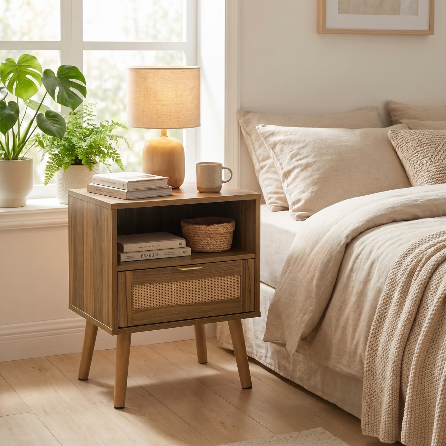 ANYSUN Nachttisch Nachtkommode Rattan mit Schublade,Offenem Fach,Goldgriff, Walnussoptik (1-St)Mid-Century Nachtkonsole für Schlafzimmer,Wohnzimmer,Heimbüro), Beistelltisch mit Massivholzbeine,Boho-Stil,45x40x55 cm