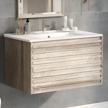 HIYORI Waschbeckenunterschrank Waschbeckenunterschrank hängend 76cm Breit mit Keramikwaschbecken mit Schubladen modernes Design