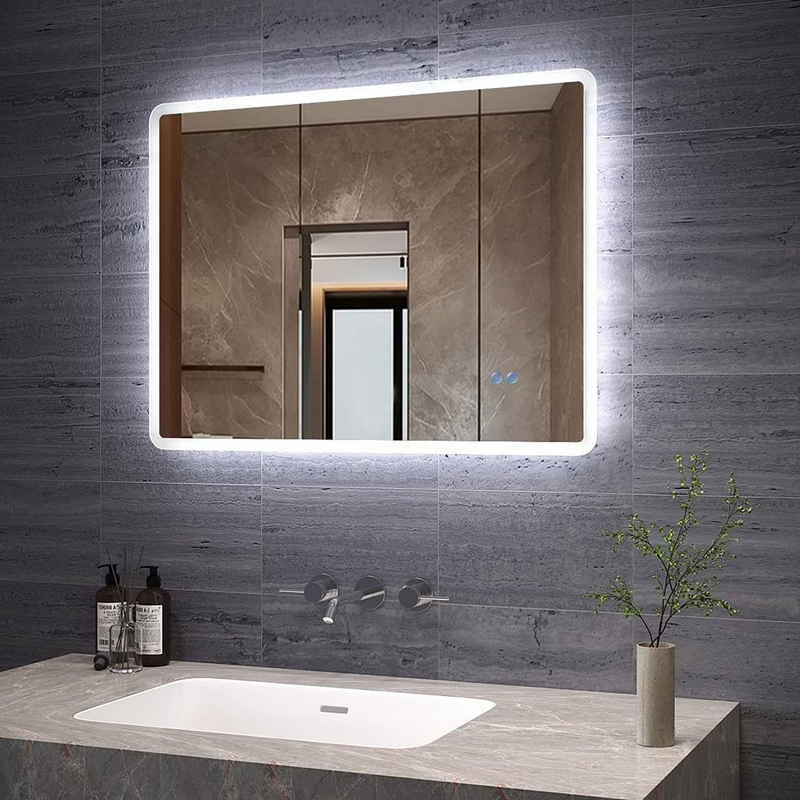 AQUABATOS Badspiegel Led Bad Spiegel Badezimmerspiegel mit Beleuchtung Lichtspiegel, Touch, Beschlagfrei, Kaltweiß 6400K, Dimmbar, Spiegelheizung, IP44