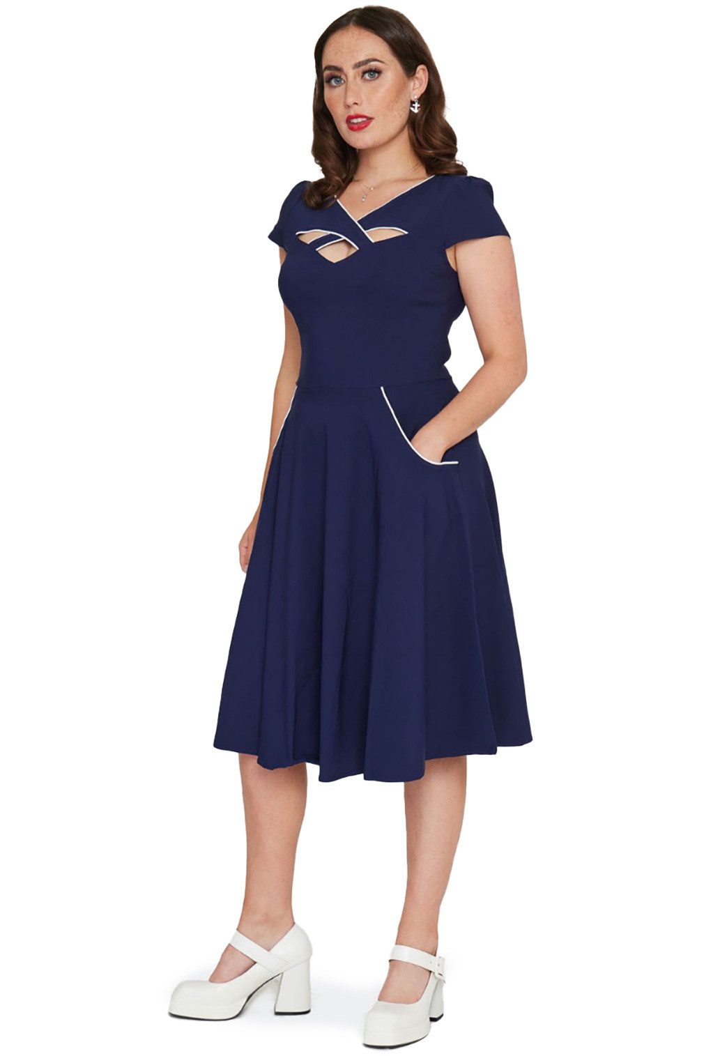 Voodoo Vixen A-Linien-Kleid Connie 1950's Contrast Piping Navy Vintage Rockabilly Retro
