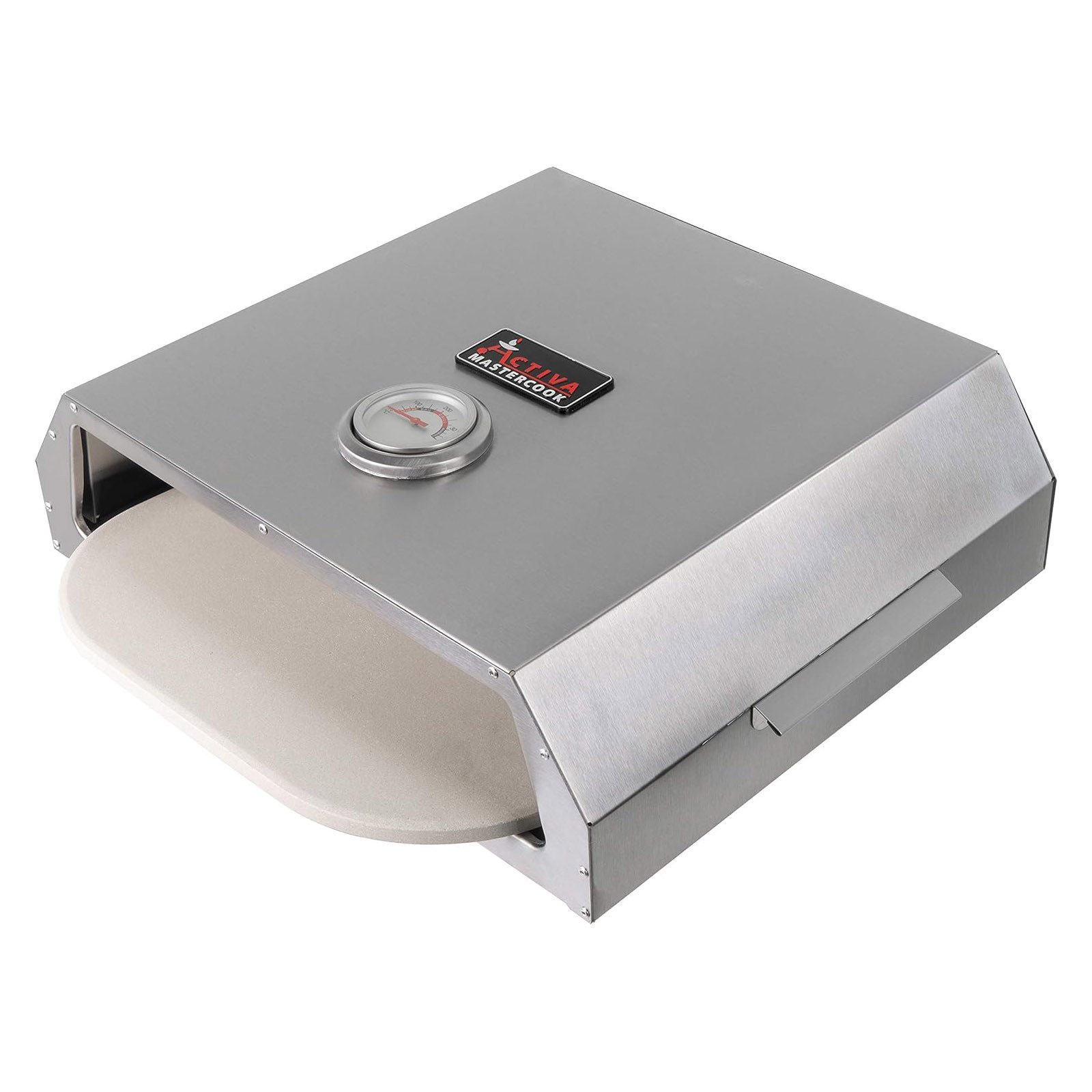 Activa Pizzaofen-Grillaufsatz Pizza Box für Holzkohlegrills und Gasgrills, Edelstahl, 44,5 x 13 x 35,5 cm mit Pizzastein und Temperaturanzeige