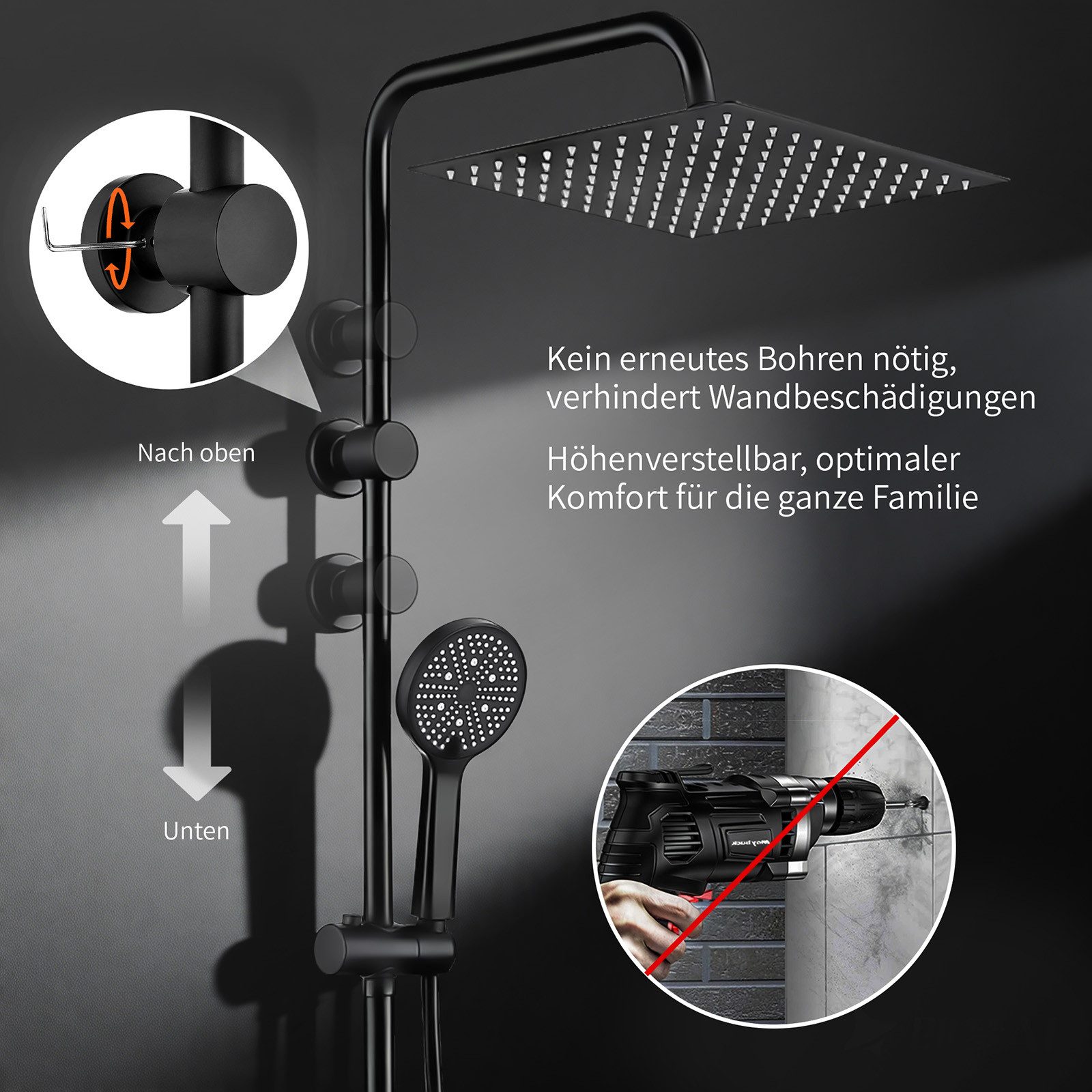 HOMELODY Duschsystem 30cm Regendusche Edelstahl Schwarz Chrom Rund Eckig, 5 Strahlarten Handbrause, höhenverstellbar, ohne Neubohren,Schwarz