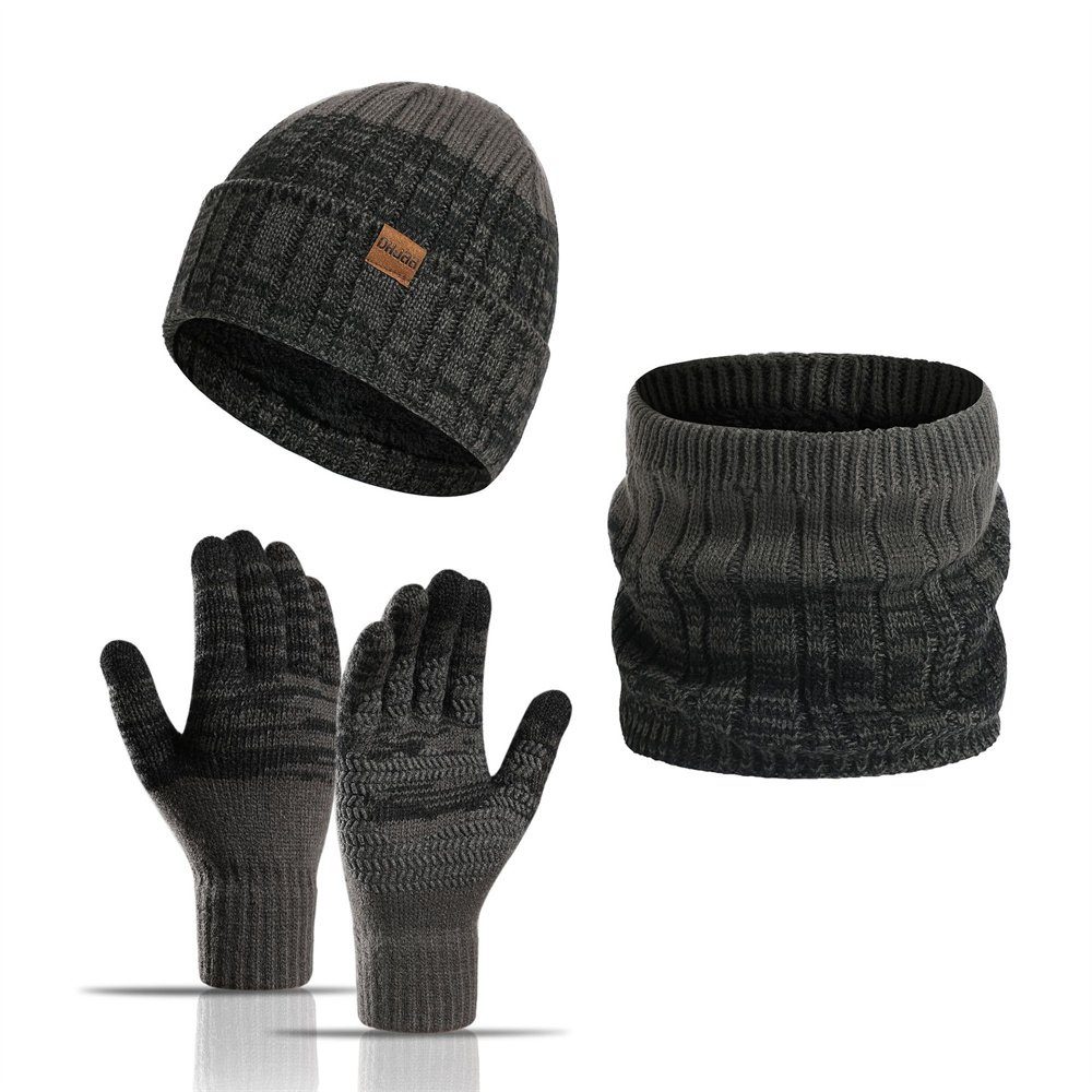 Herren Winter Mütze Warm Grau Set Strickhandschuhe Beanie Touchscreen und ManKle Schal Handschuhe
