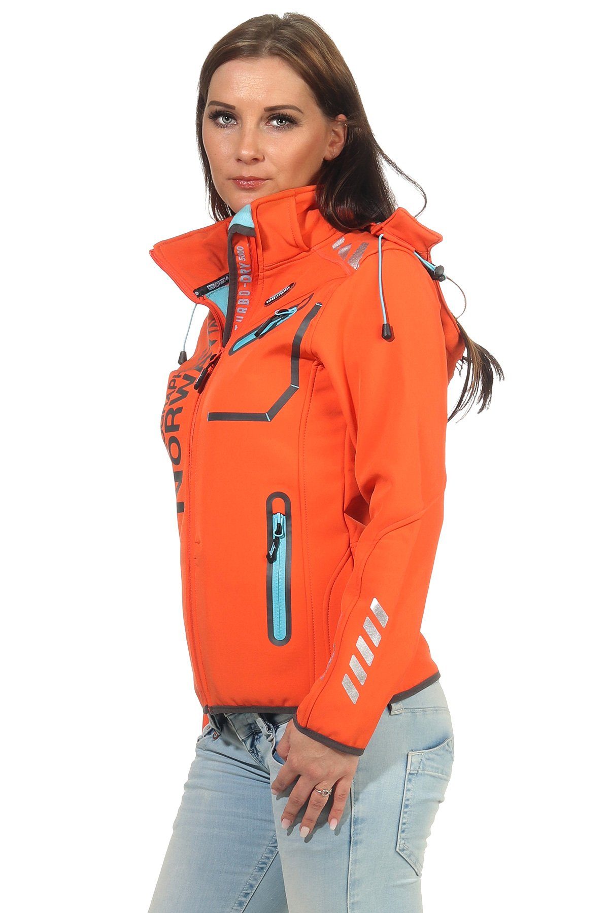 Geographical Norway Softshelljacke Damen Softshell Windbreaker Regen Outdoor Jacke in Unifarbe, mit abnehmbarer Kapuze, mit Stehkragen