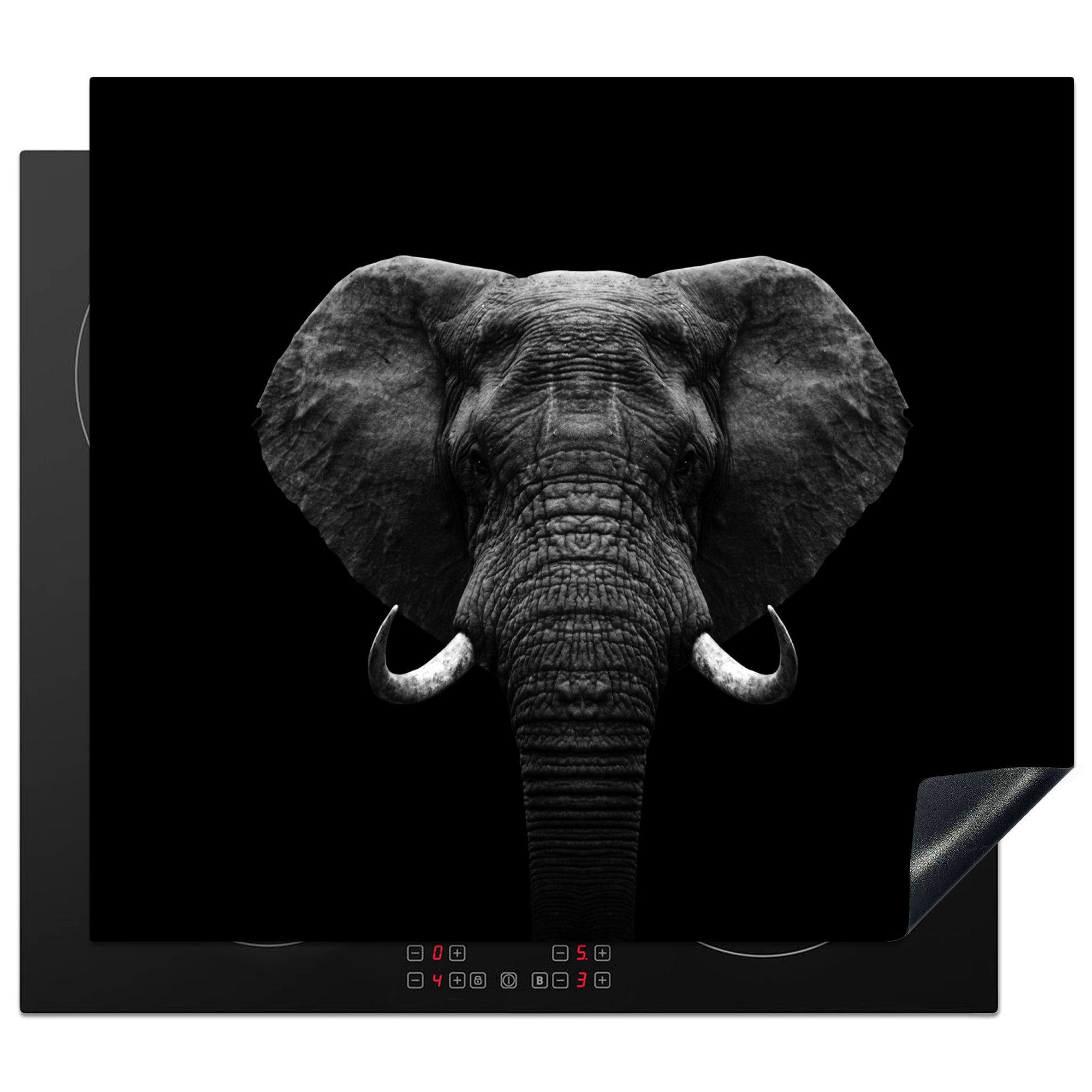 MuchoWow Herdblende-/Abdeckplatte Tiere - Elefant - Porträt - Schwarz - Weiß, Vinyl, (1 tlg), 57x51 cm, Induktionsschutz, Induktionskochfeld, Ceranfeldabdeckung