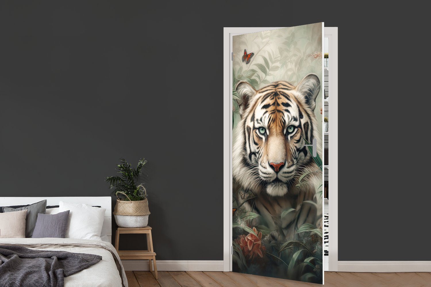 - - Tiger St), Fototapete Tür, Matt, Blumen, MuchoWow Türtapete Schmetterlinge Tiere Dschungel - 75x205 für Türaufkleber, bedruckt, - (1 cm