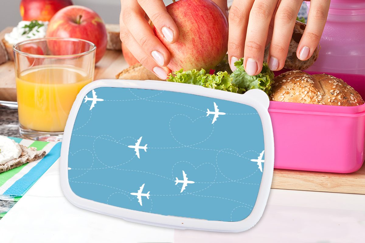 MuchoWow Lunchbox Flugzeug - - Kunststoff Brotbox Mädchen, Kunststoff, (2-tlg), Brotdose Erwachsene, Herz rosa Kinder, Snackbox, für Muster