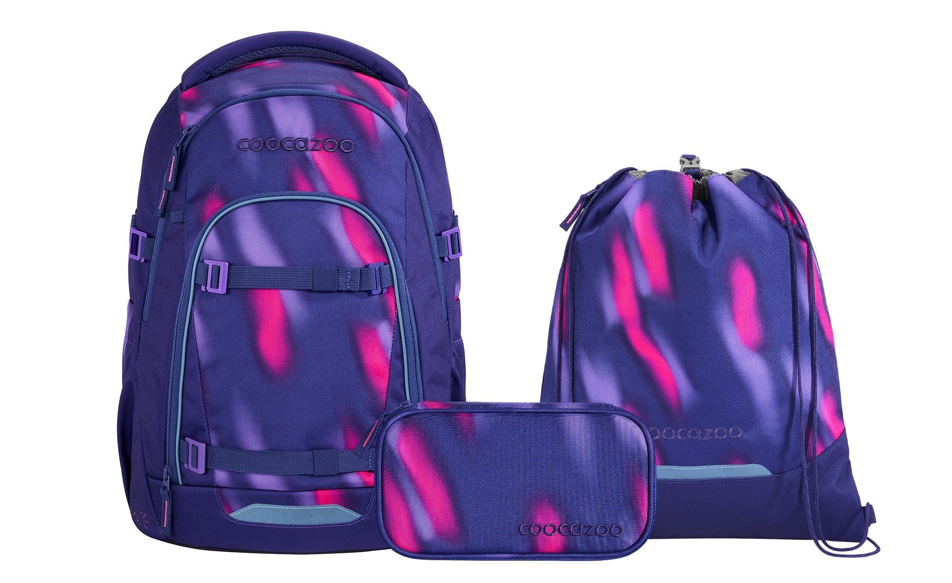 coocazoo Schulranzen Schulrucksack-Set MATE Aurora Glow 3-teilig (3-teilig), ergonomisch, Körpergröße: 135 - 180 cm, Easy-Grow-System