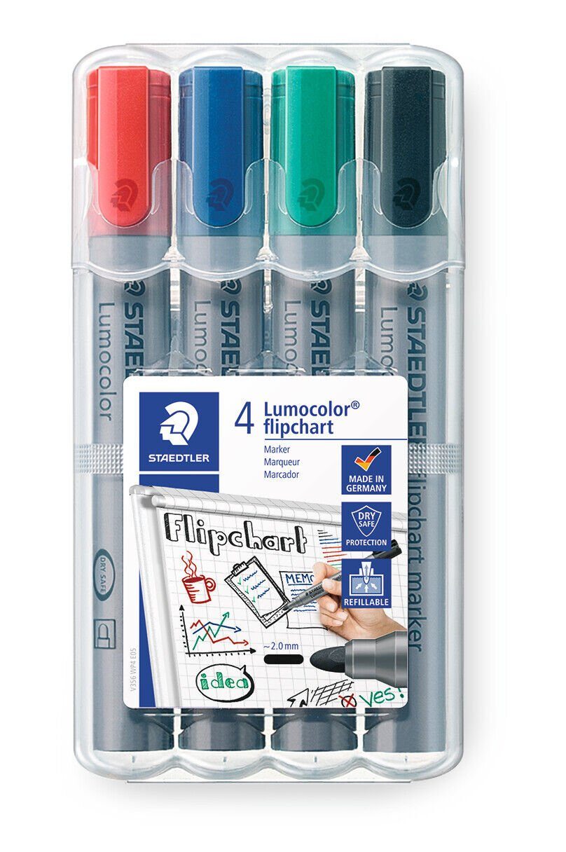 STAEDTLER Folienstift Lumocolor FlipChart Marker 4er-Etui 356 WP4 2mm Boardmarker, Rundspitze