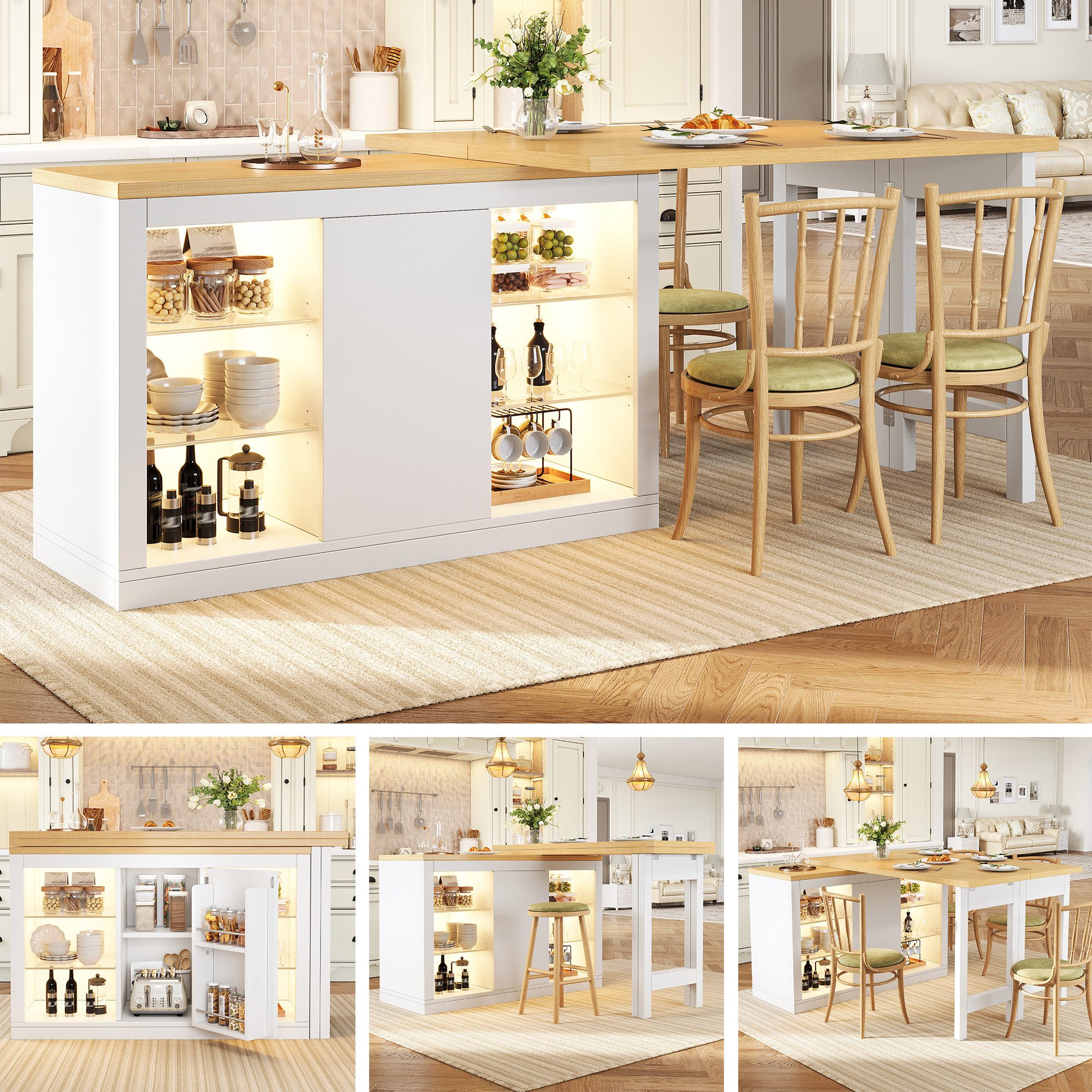 Flieks Kücheninsel Mehrzweckschrank mit 360° drehbarer und klappbarer Arbeitstisch, (Holzoptik Tischplatte Tiefe 40-80cm, Längenverstellbar 120-197cm), ausziehbar Esstisch&Küchenschrank mit verstellbarer Glasablagen Weiß