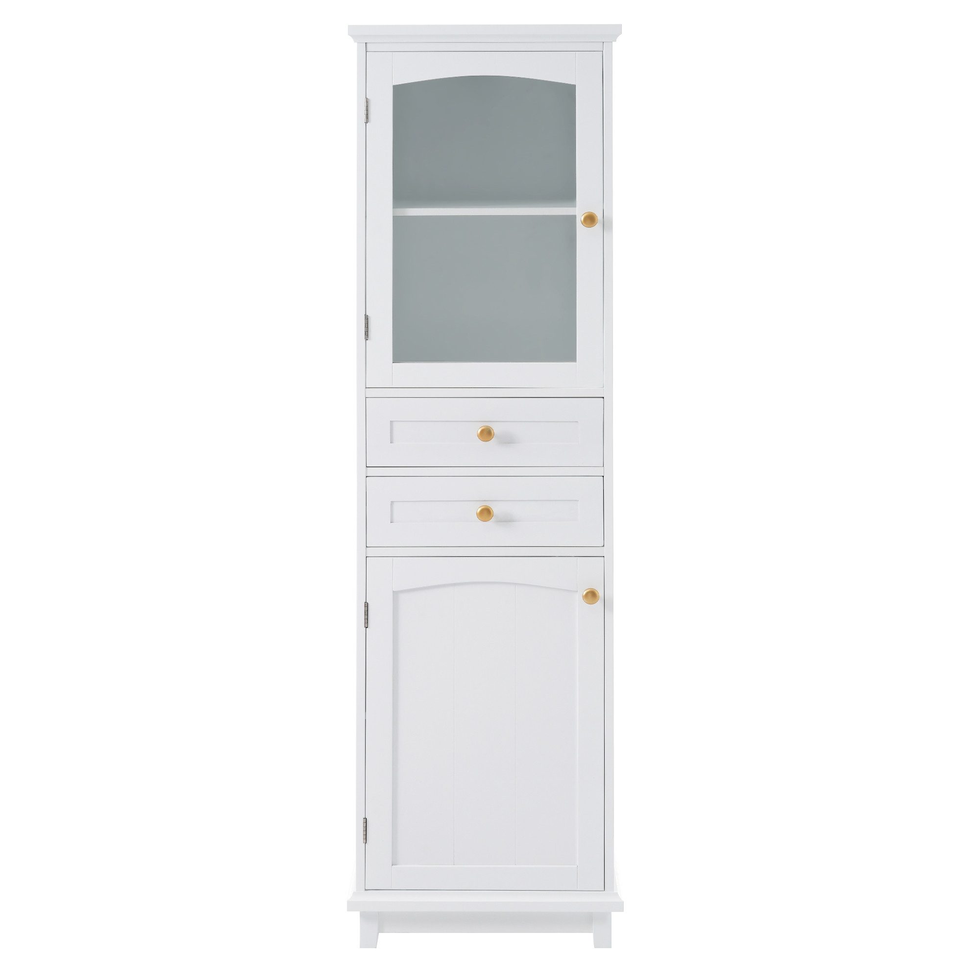 Flieks Badkommode Badezimmerschrank mit Glastüren und 2 Schubladen Hochschrank (1 St., 45x36x160 cm), Glasvitrine Mehrzweckschrank mit verstellbare Einlegeböden Weiß