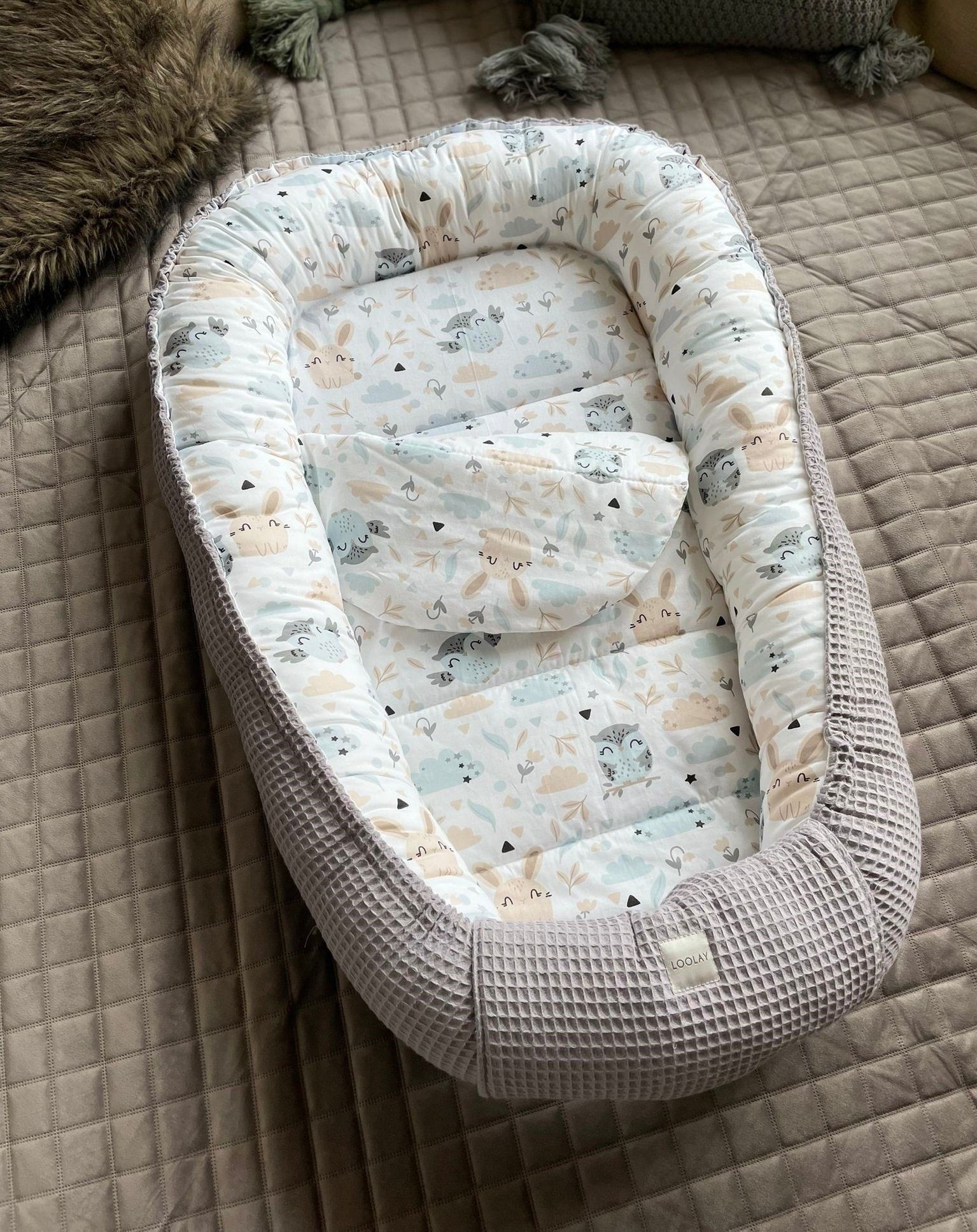 Bettnestchen GRAU Waffelpique/ HASE Beige Weiß BABYNEST Babyausstattung Neugeborene