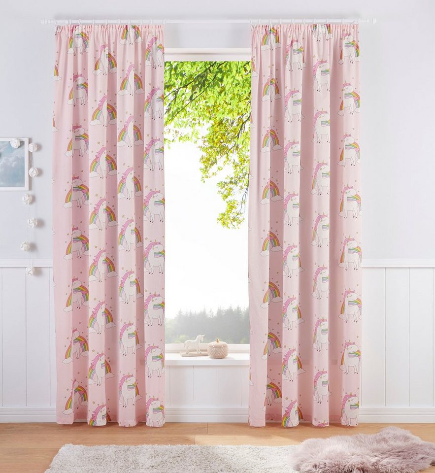 OTTO home Gardine EINHORN (1 St), Kräuselband, halbtransparent, Kindergardine, bedruckt, halbtransparent, Einhörner, Regenbogen