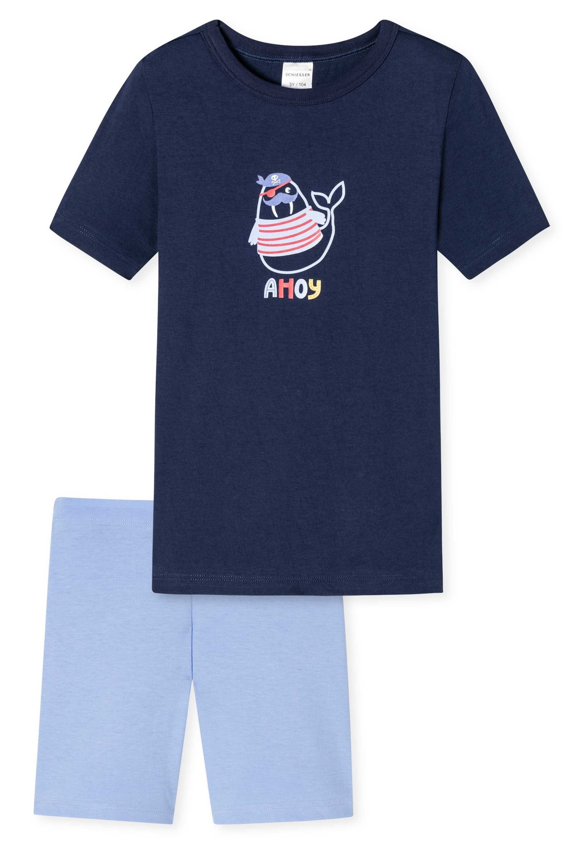 Pyjama - Kinder Jungen Set kurz, Schiesser 2-tlg. Schlafanzug Dunkelblau/Hellblau