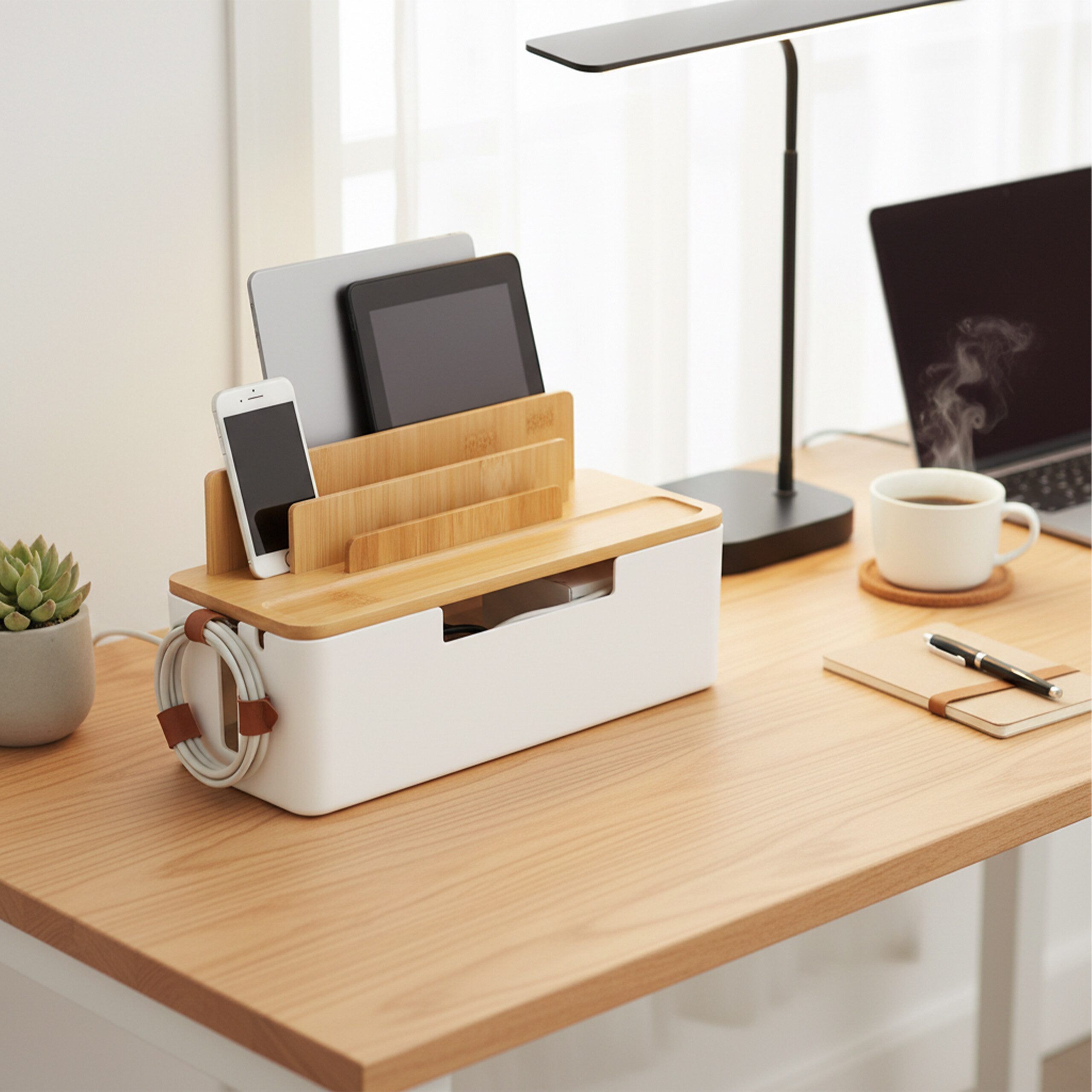 relaxdays Kabelbox mit Handyhalt, Natur-Weiß
