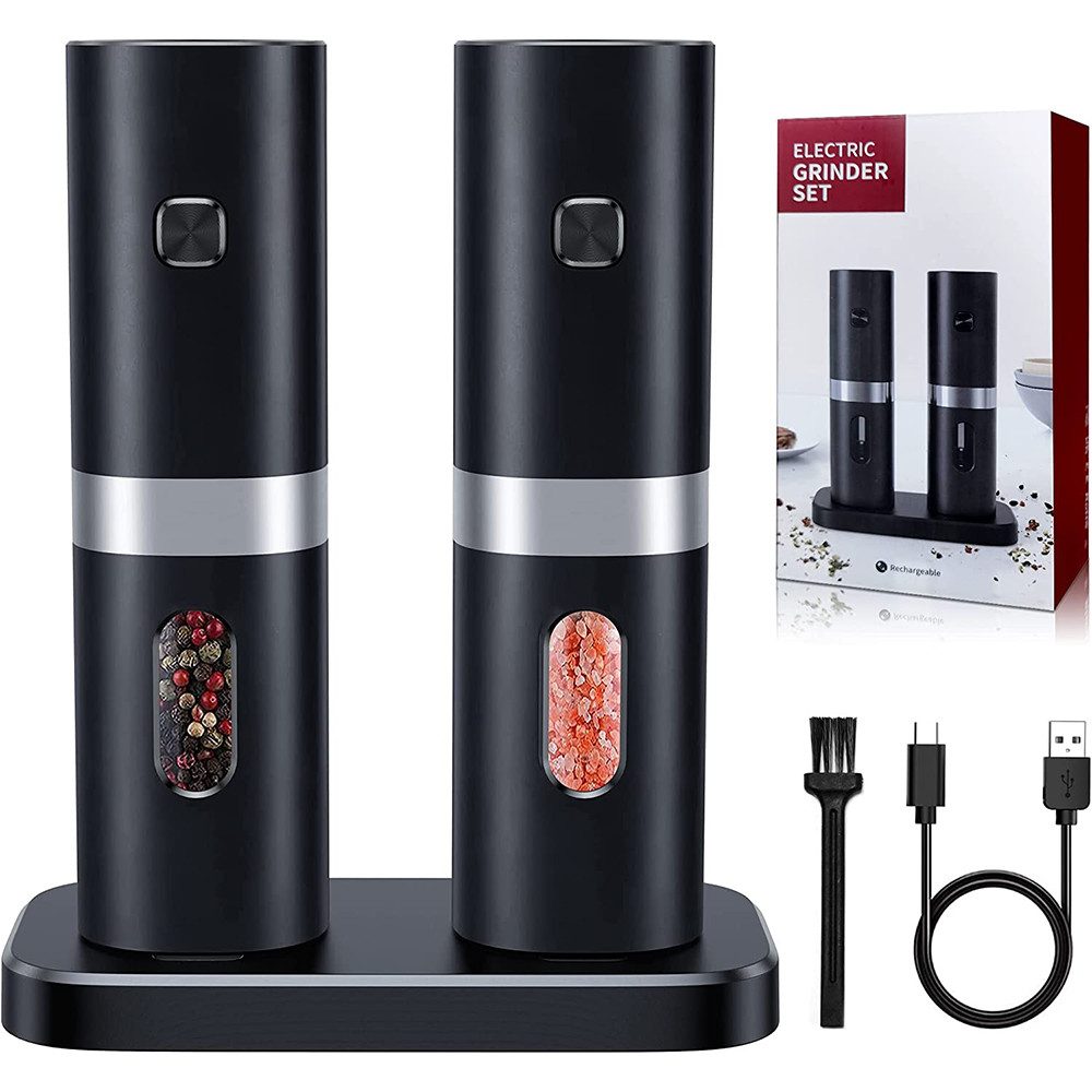 AKKEE Salz-/Pfeffermühle Elektrisch Salzmühle 2er Set mit USB Aufladbar, Doppelladestation Netzkabel