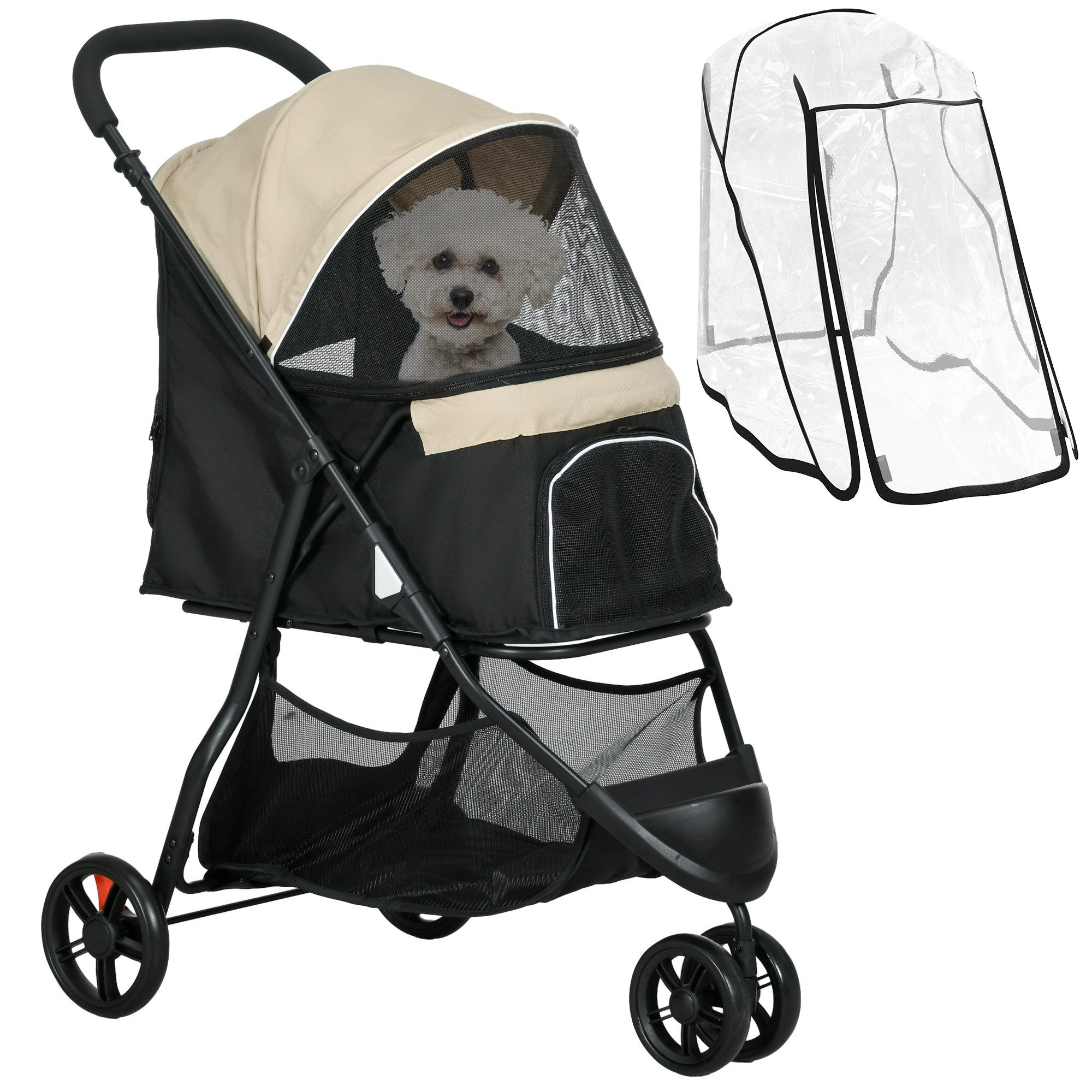 PawHut Hundebuggy 2 in 1, mit Regenschutz, klappbar, mit Kissen, Netzfenstern, Türen, (Haustierwagen, 1-tlg), für Hunde & Katzen bis 10 kg, Khaki