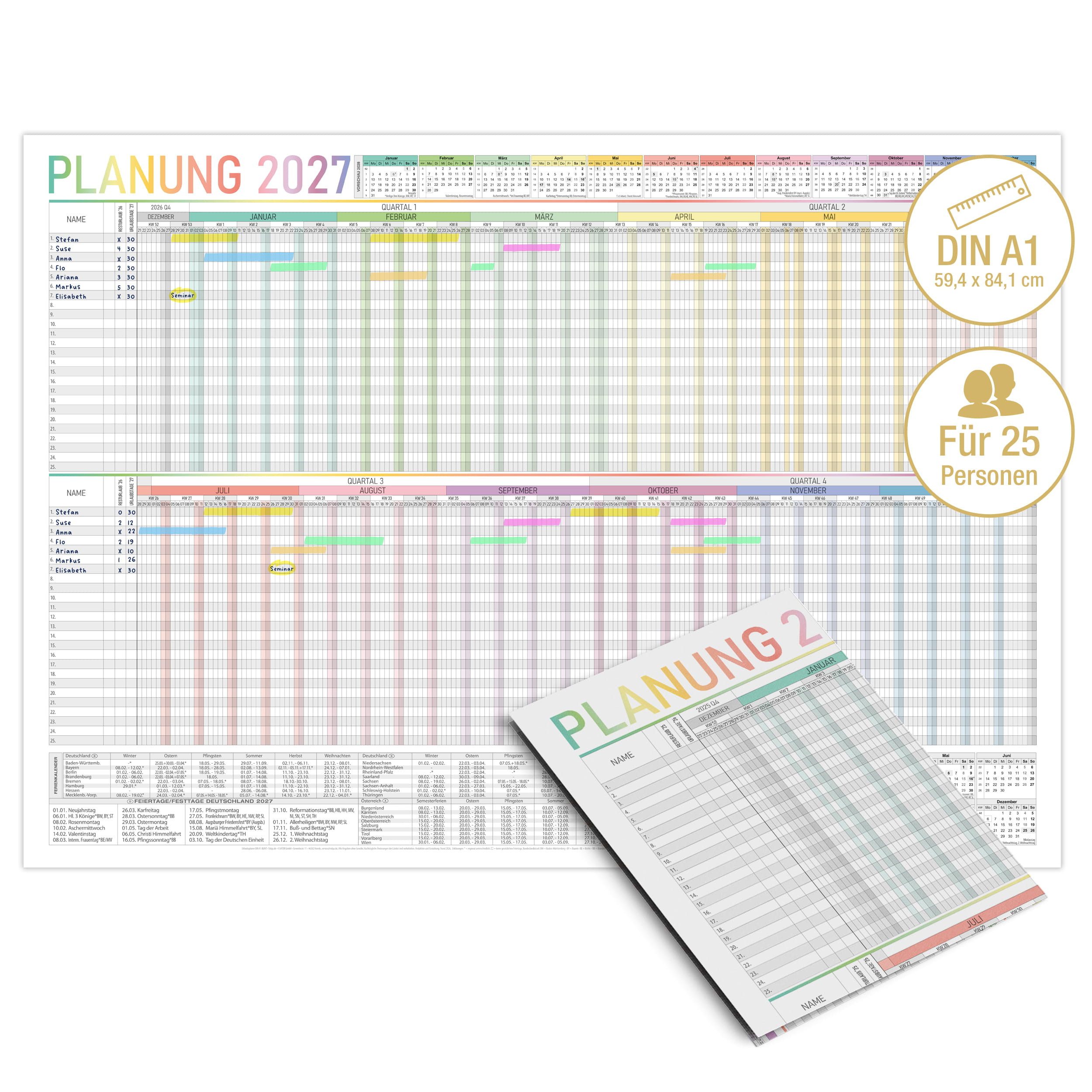 TOBJA Wandkalender Urlaubsplaner 2027 A1 Bunt – XXL Wandkalender 25 Personen, A1 XXL, 25 Personen, Regenbogen, Ferienübersicht