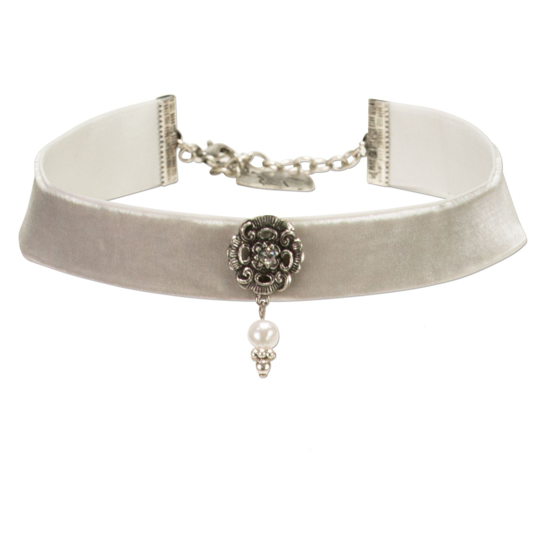 Alpenflüstern Choker Trachten-Samt-Kropfband Elfrida (grau), mit Ornament und Perle - nostalgische Trachtenkette enganliegend, Krop