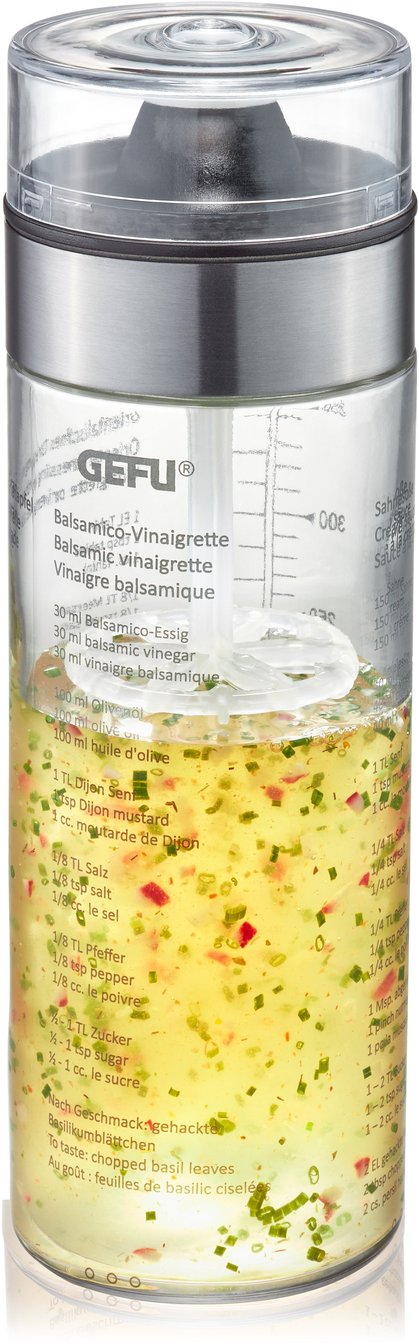 GEFU Dressing Shaker MIX, Glas, Kunststoff, Doppelskala (ml/oz), auslaufsicher, 350 ml