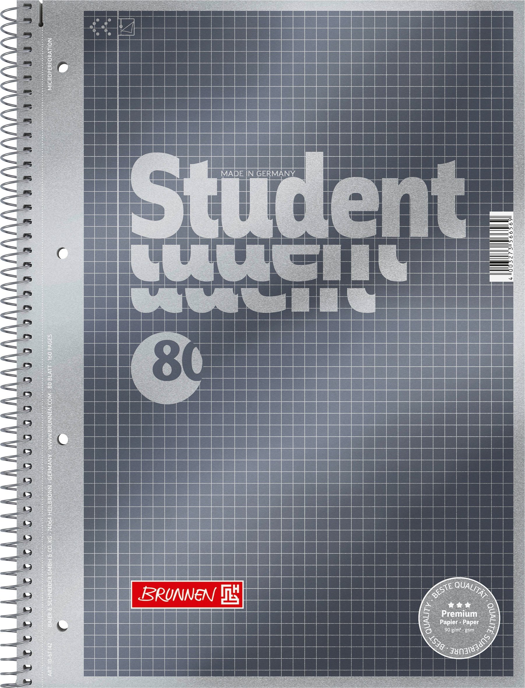 BRUNNEN Notizblock Collegeblock Student Premium A4 kariert mit Randlinie innen Deckblatt: