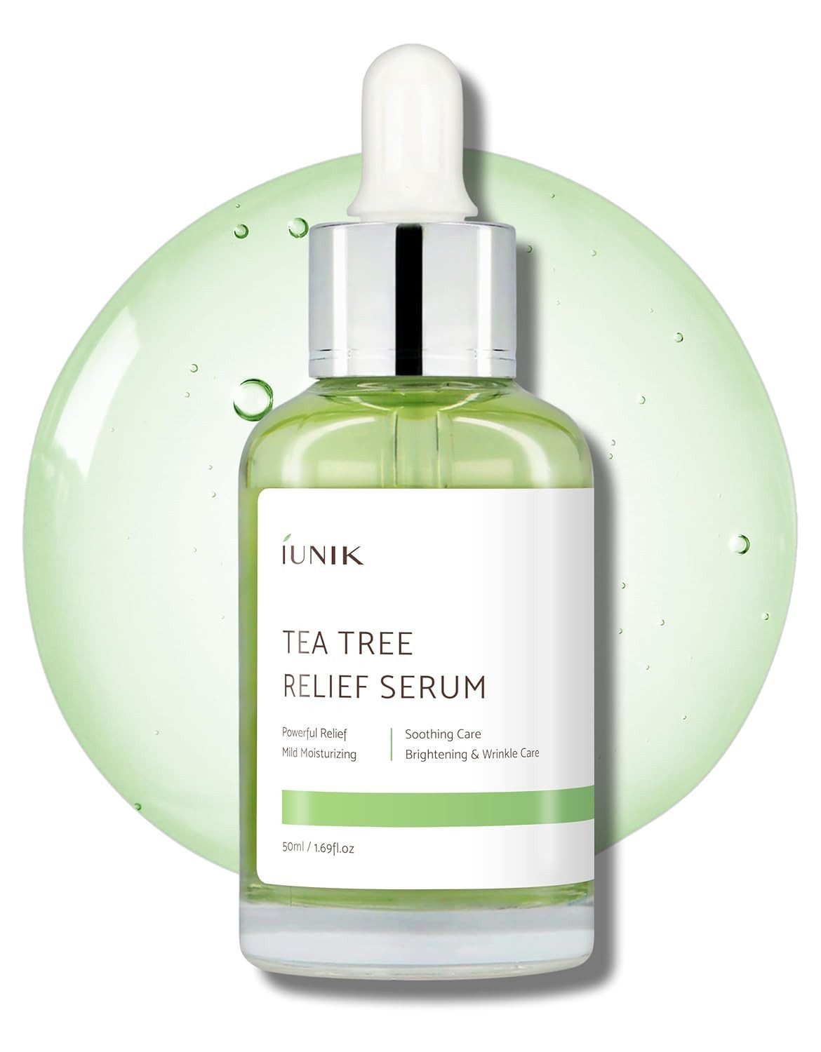 iUnik Gesichtsserum Tea Tree Relief Serum 50 ml – Für klare, ausgeglichene Haut Adenosin, 6 Pflanzenkeimlinge, vegan, alkoholfrei, parfümfrei, 67% Teebaumblattwasser, 19,5% Centella Asiatica, Niacinamid