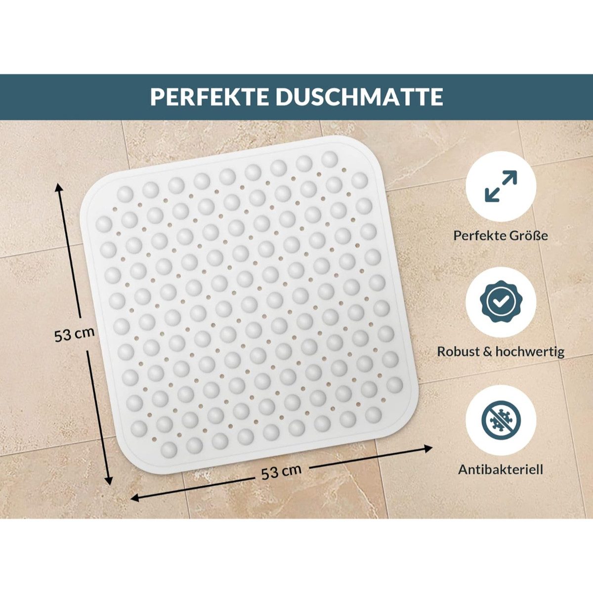 badegut Duschmatte rutschfest 53 x 53 cm mit Abflusssieb und Klebehaken – Bild 2 von 5