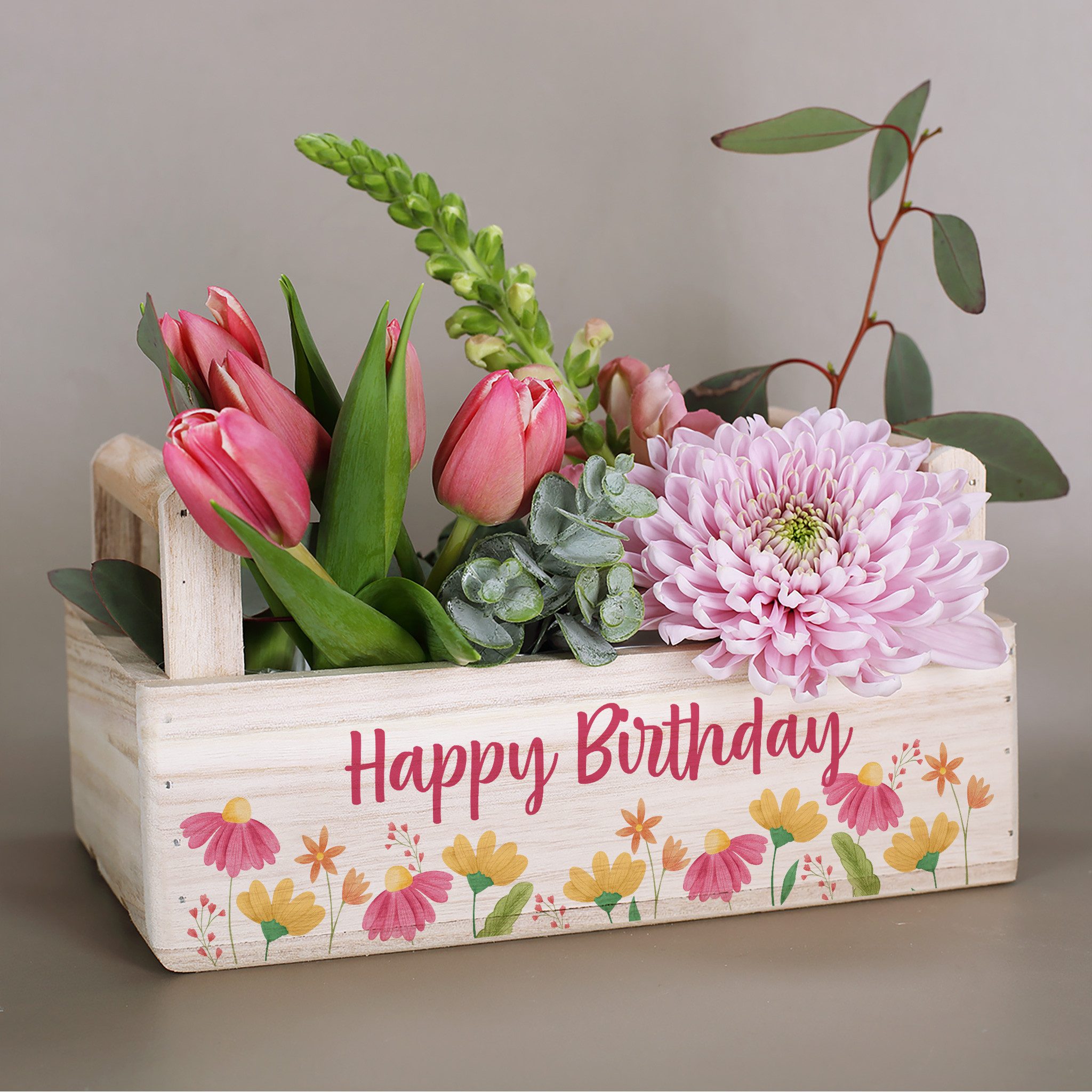 Herz & Heim Geschenkbox aus Holz - Geschenkkorb mit Blumen Motiv als Geschenkverpackung, mit Holzgriffen