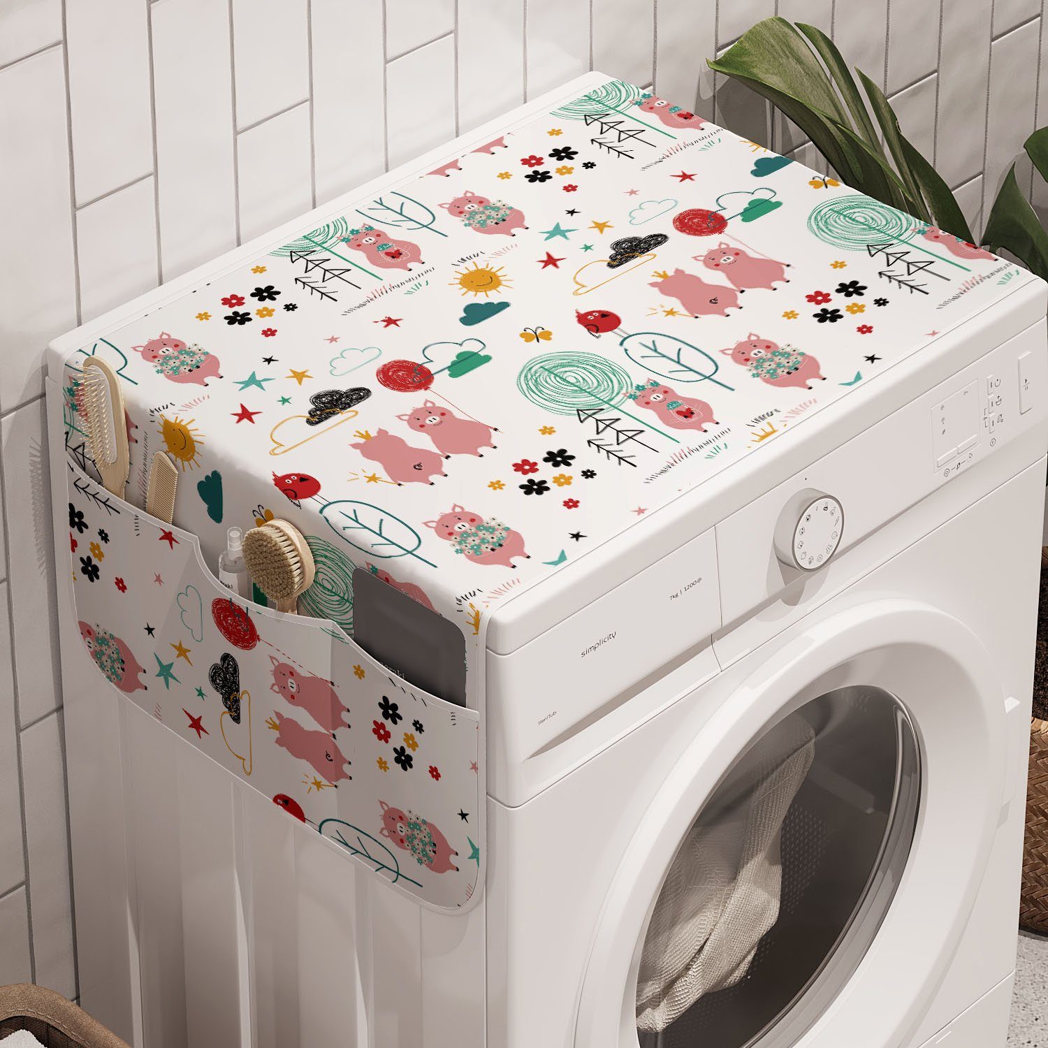 Abakuhaus Badorganizer Anti-Rutsch-Stoffabdeckung für Waschmaschine und Trockner, Kinderzimmer Rosa Schwein im Cartoon-Stil