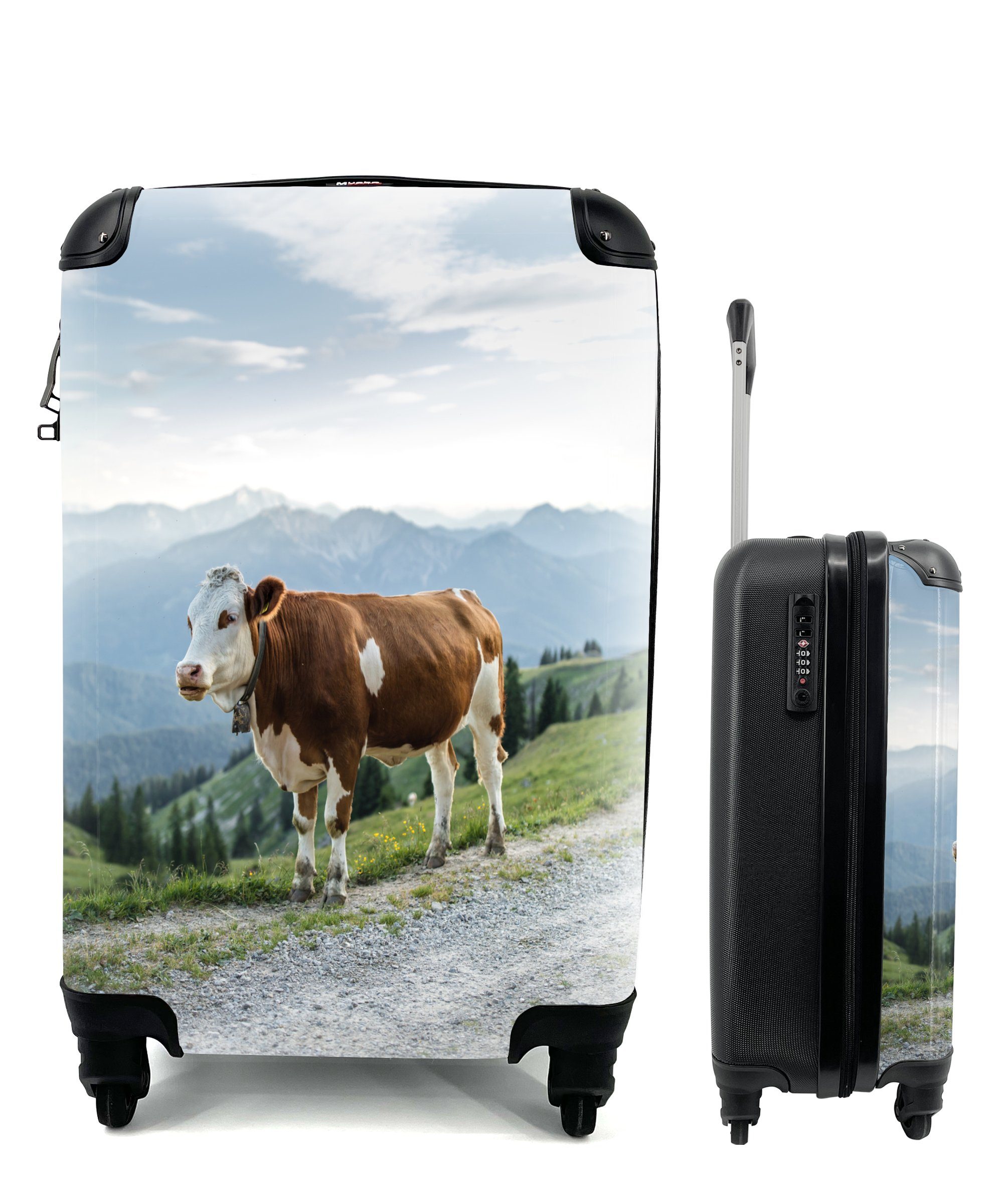 Reisetasche MuchoWow - Handgepäck - Rollen, 4 Reisekoffer für Handgepäckkoffer Braun, Ferien, rollen, mit Trolley, Alpen Kuh