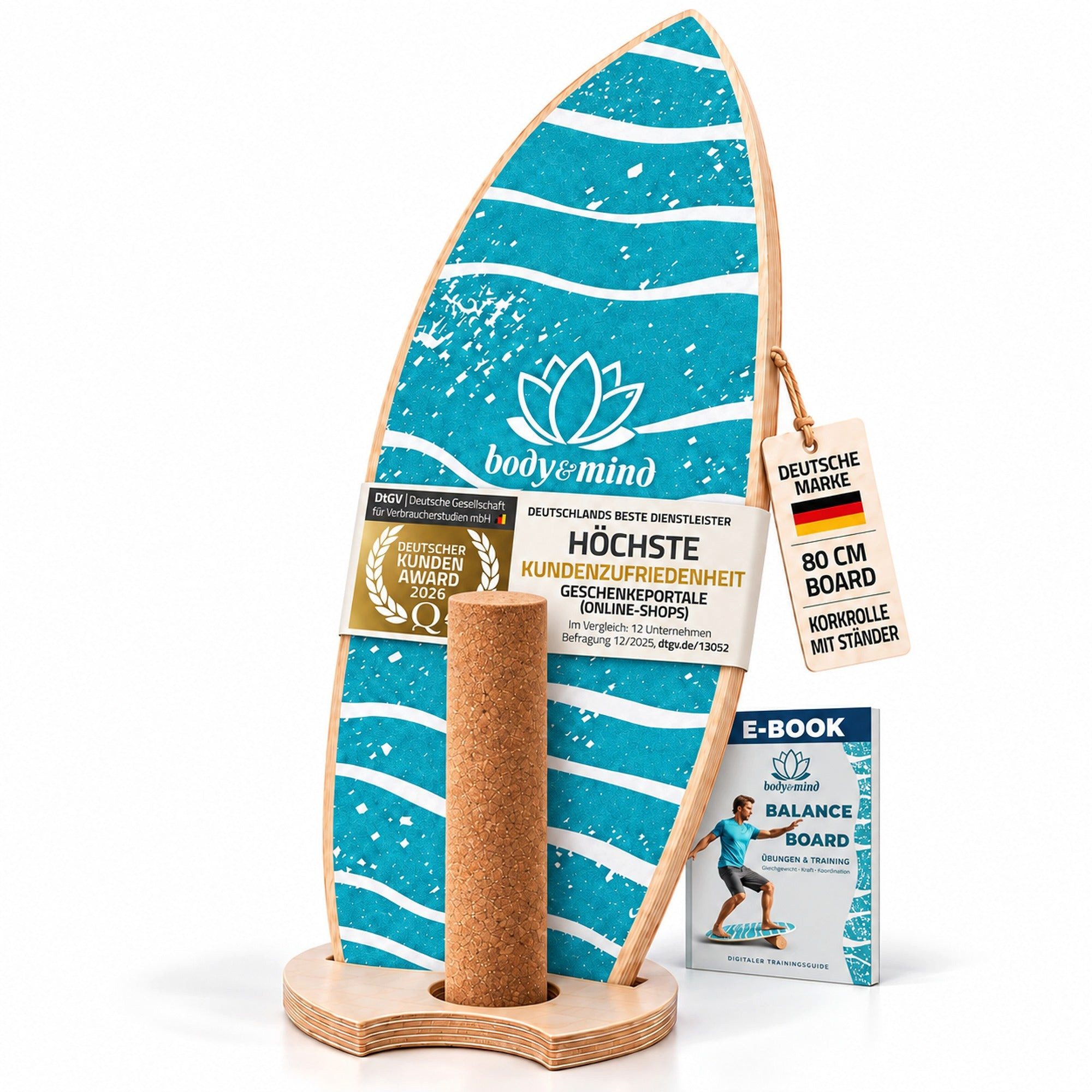 Body & Mind Balanceboard Surf Balance Board – Holz Wackelbrett mit Korkrolle + Ständer & E‑Book, Trainiert Gleichgewicht & Koordination