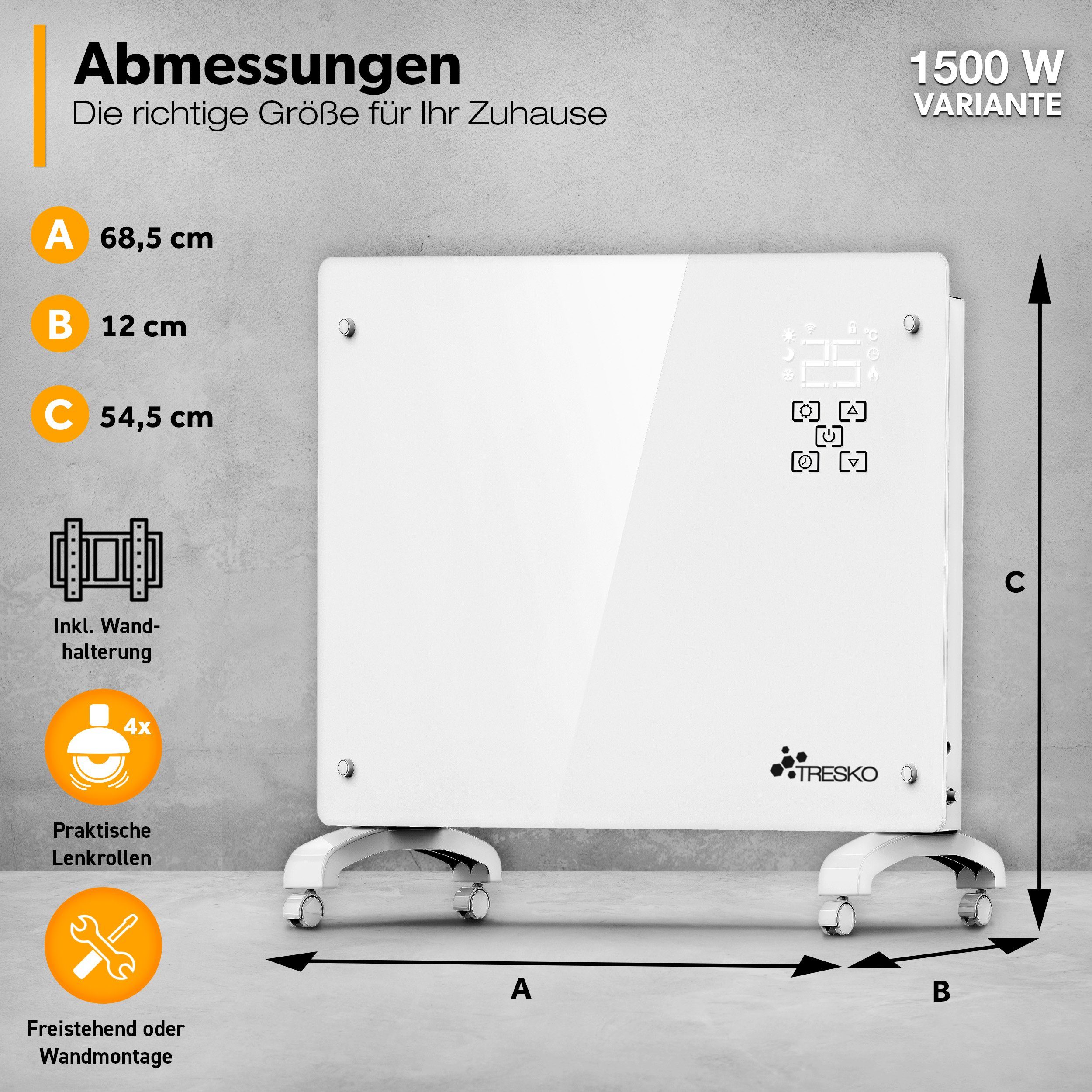 TRESKO Konvektor Glaskonvektor Elektroheizung 1500 & 2000W, 1500 W, APP WiFi Funktion, Glasheizung elektrisch