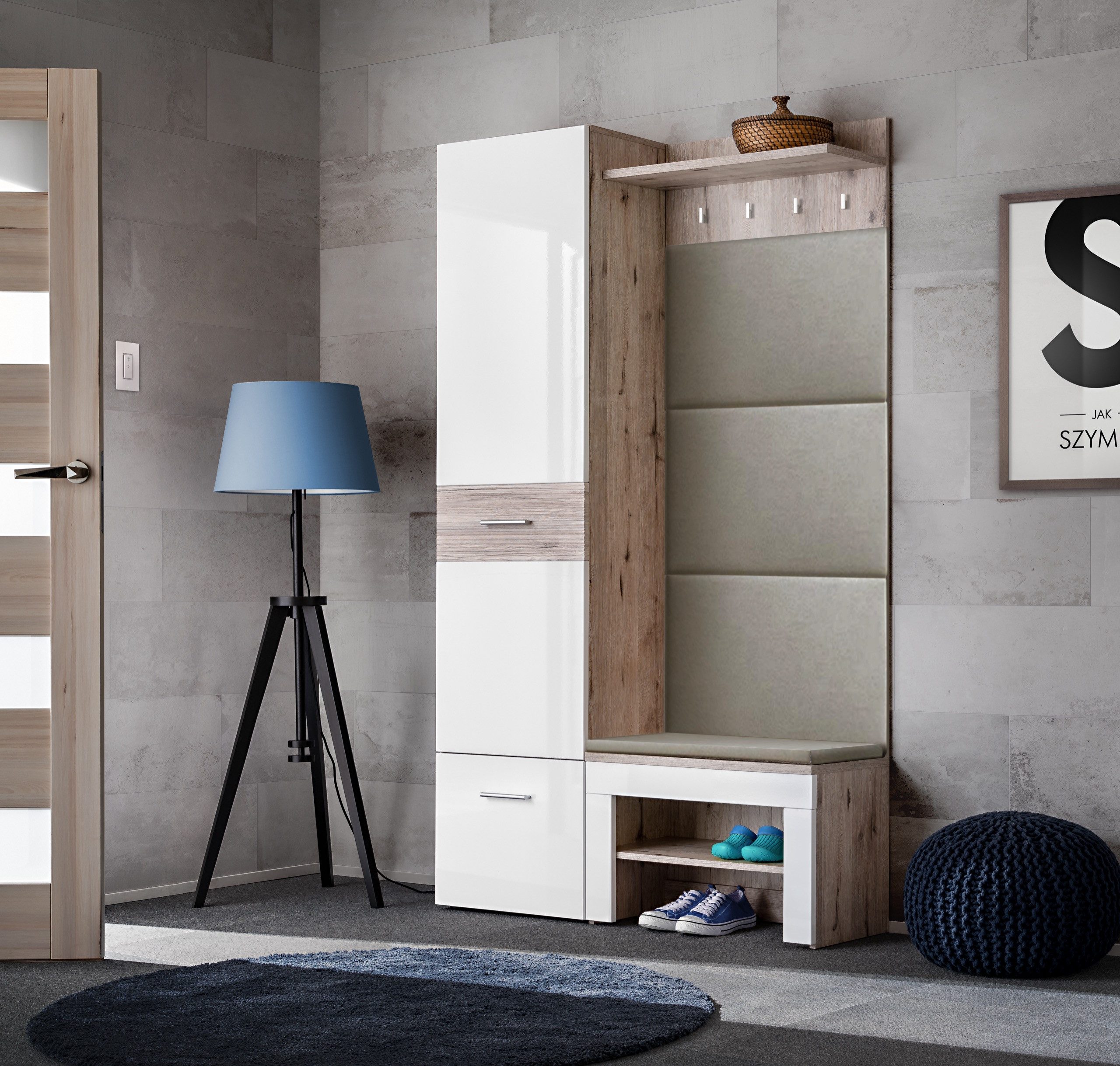 Garderoben-Set Flurgarderobe GUSTAVO X mit Hochglanzfronten Kissen und Polsterung